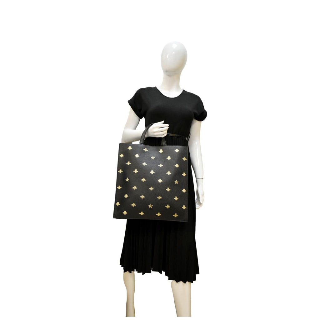 GUCCI Bee Star Grained Calfskin Leather Vertical Tote Black 495444