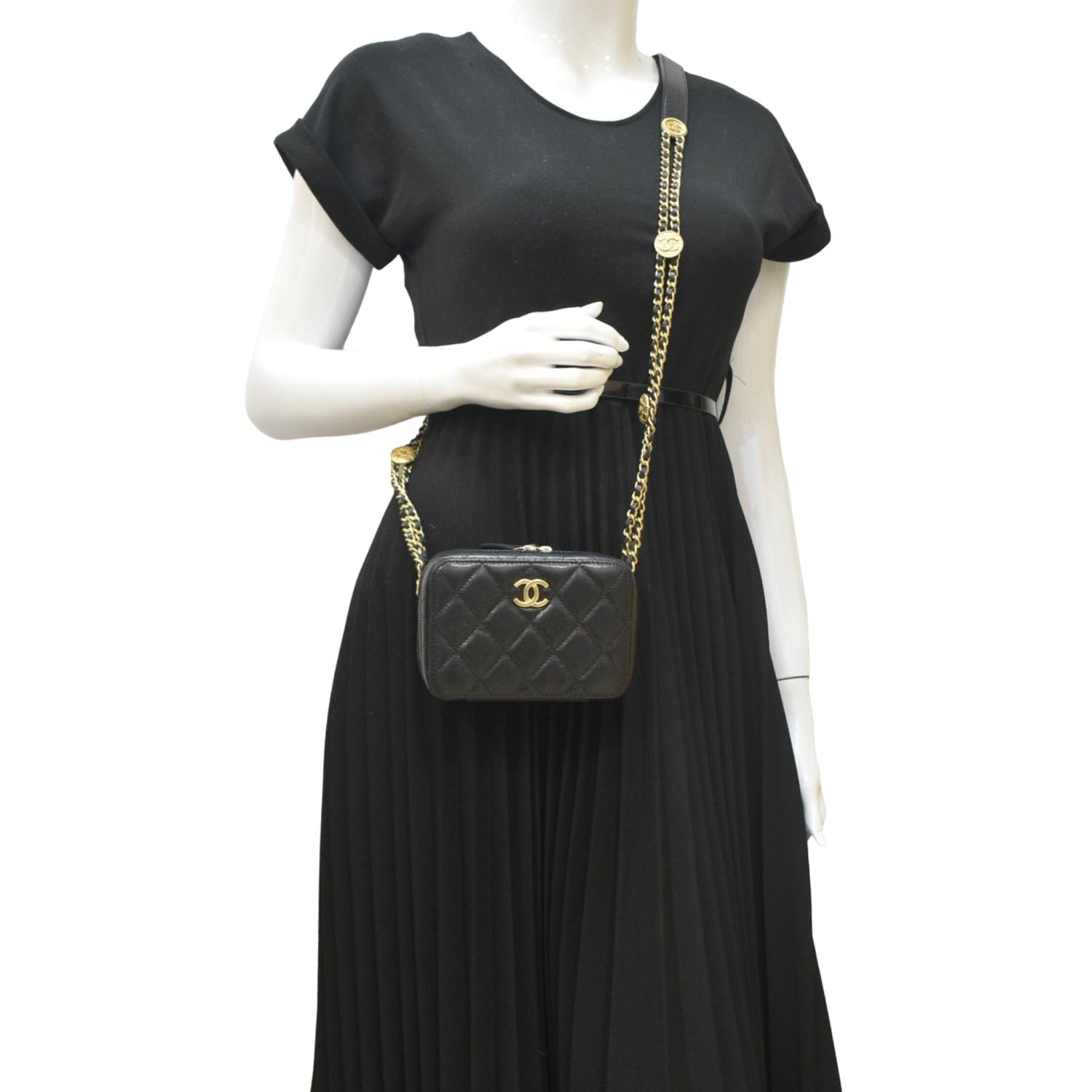 CHANEL Twist Your Buttons Quilted Caviar Leather Crossbody Clutch Bag Black