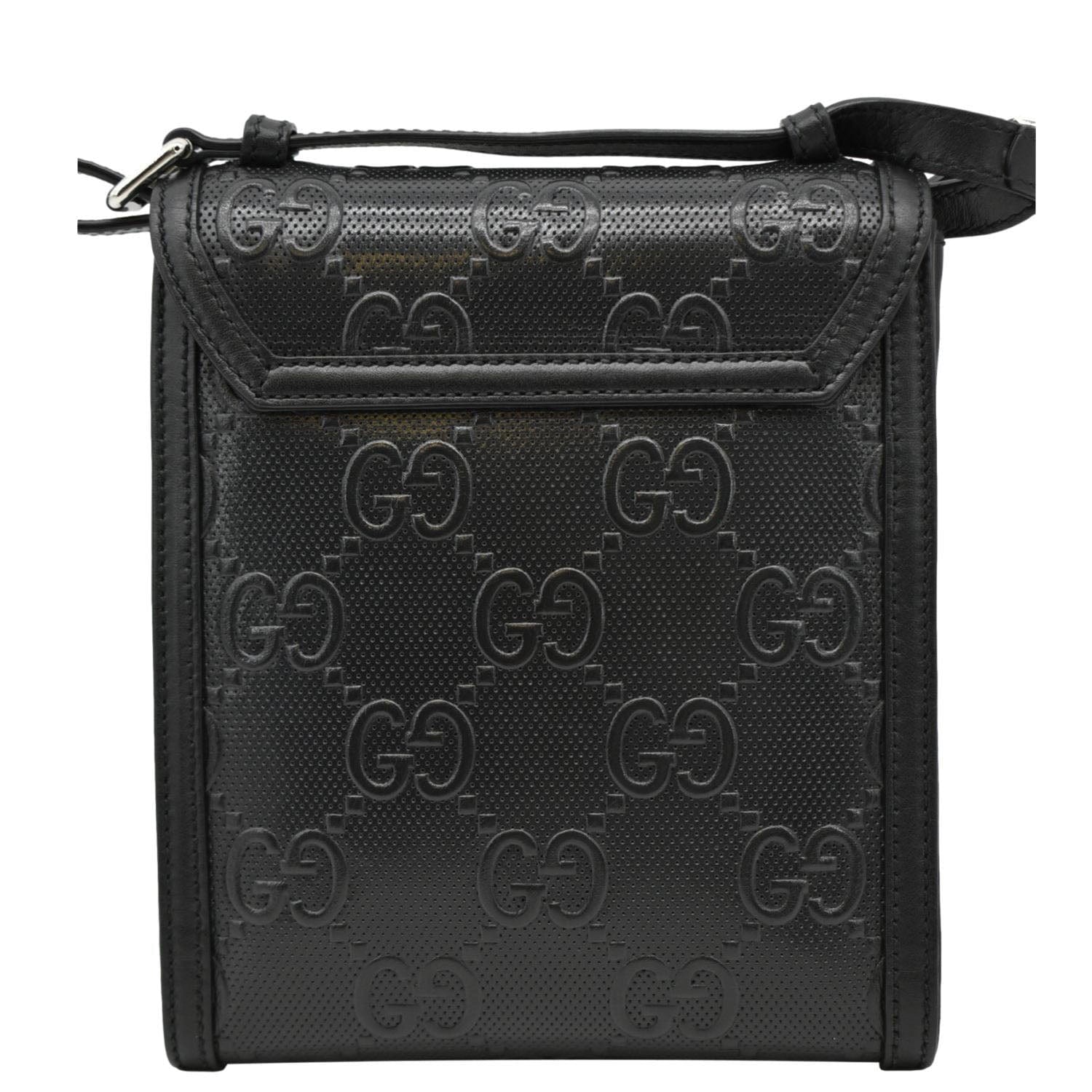 GUCCI GG Embossed Leather Messenger Bag Black 625782