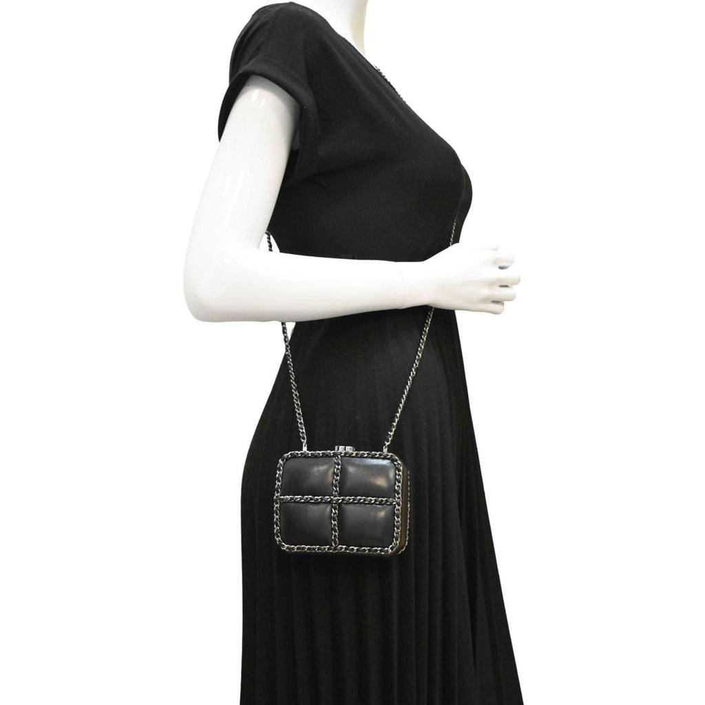 CHANEL Minaudiere Lambskin Leather Chain Clutch Crossbody Black