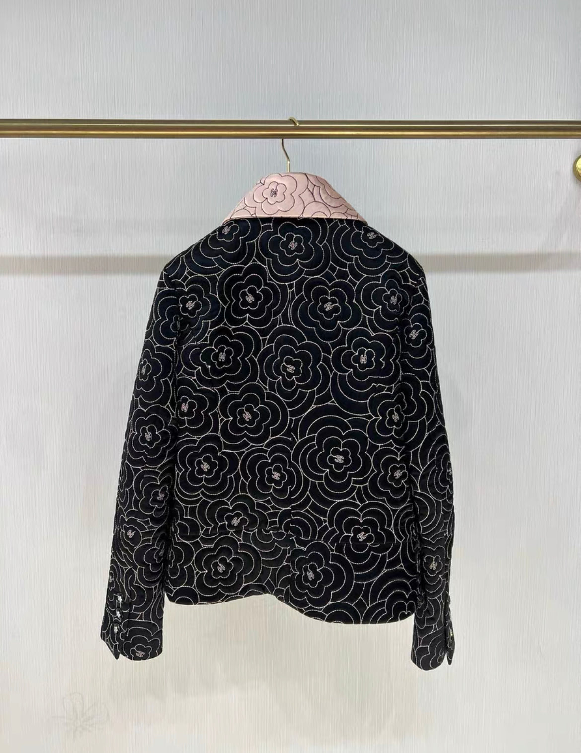 Chanel 23K black and pink silk satin camellia jacket brand new with tag size 36