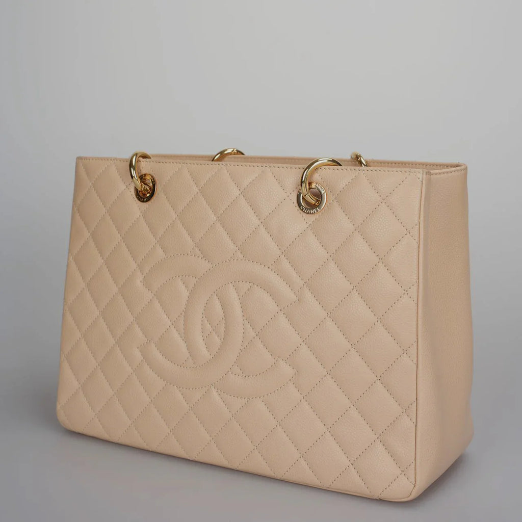 Chanel Beige Grand Shopping Tote GST Bag in Caviar Leather with gold Hardware