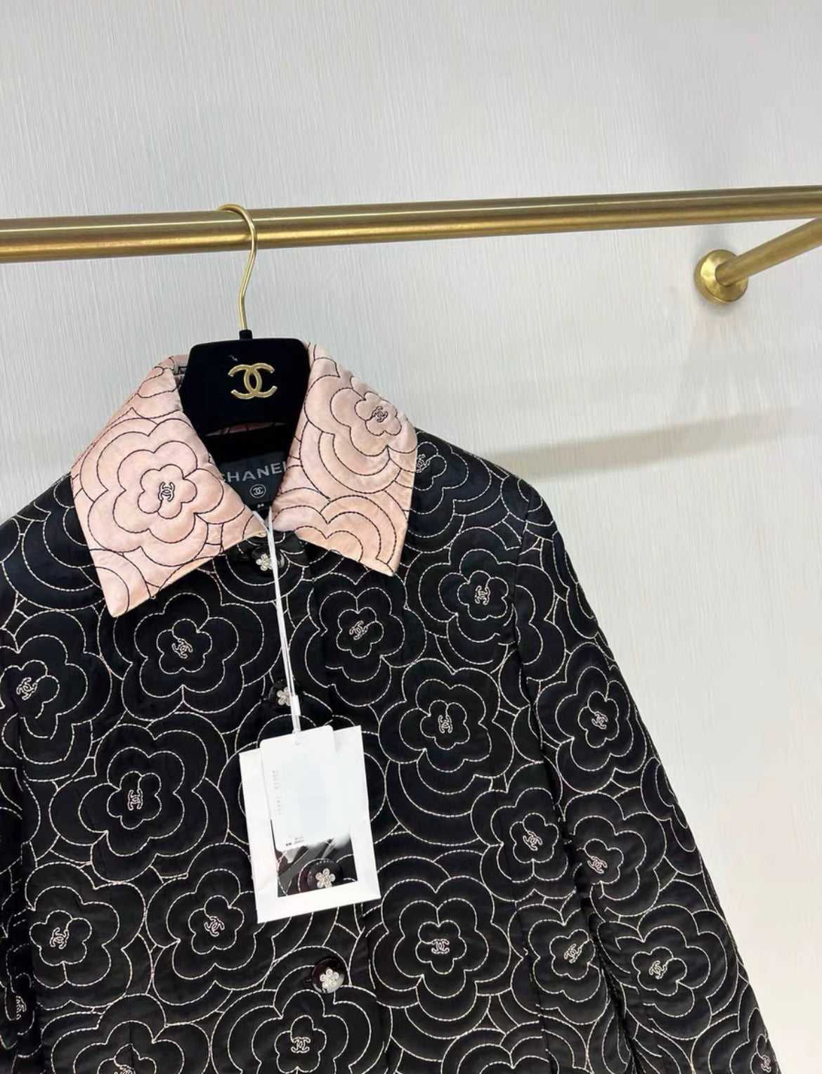 Chanel 23K black and pink silk satin camellia jacket brand new with tag size 36