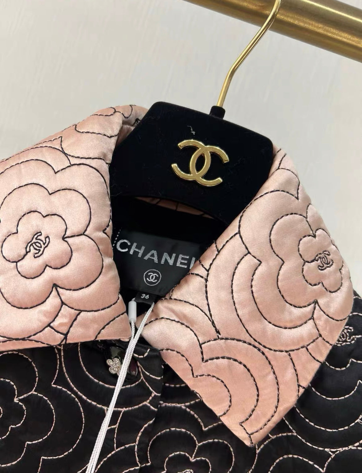 Chanel 23K black and pink silk satin camellia jacket brand new with tag size 36