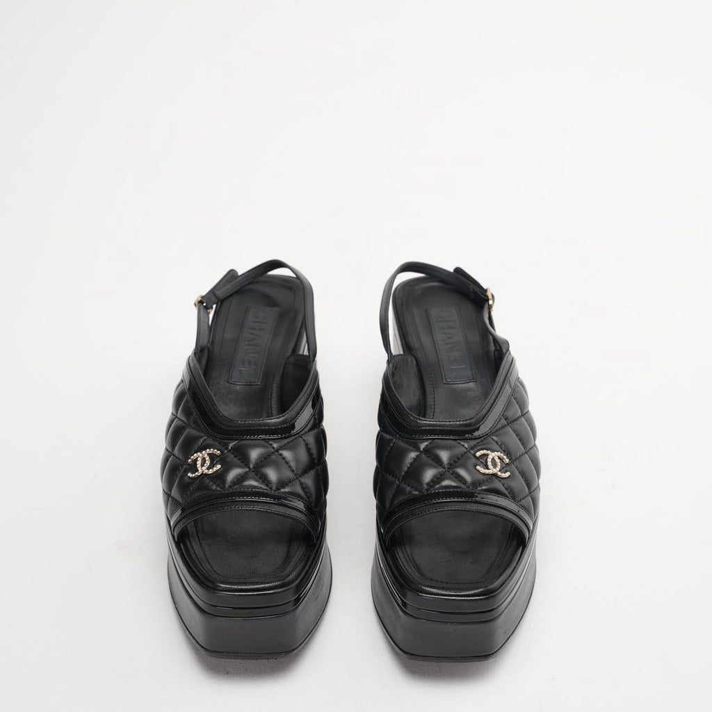 Chanel Black Slingback Quilted Leather Sandals Size 39