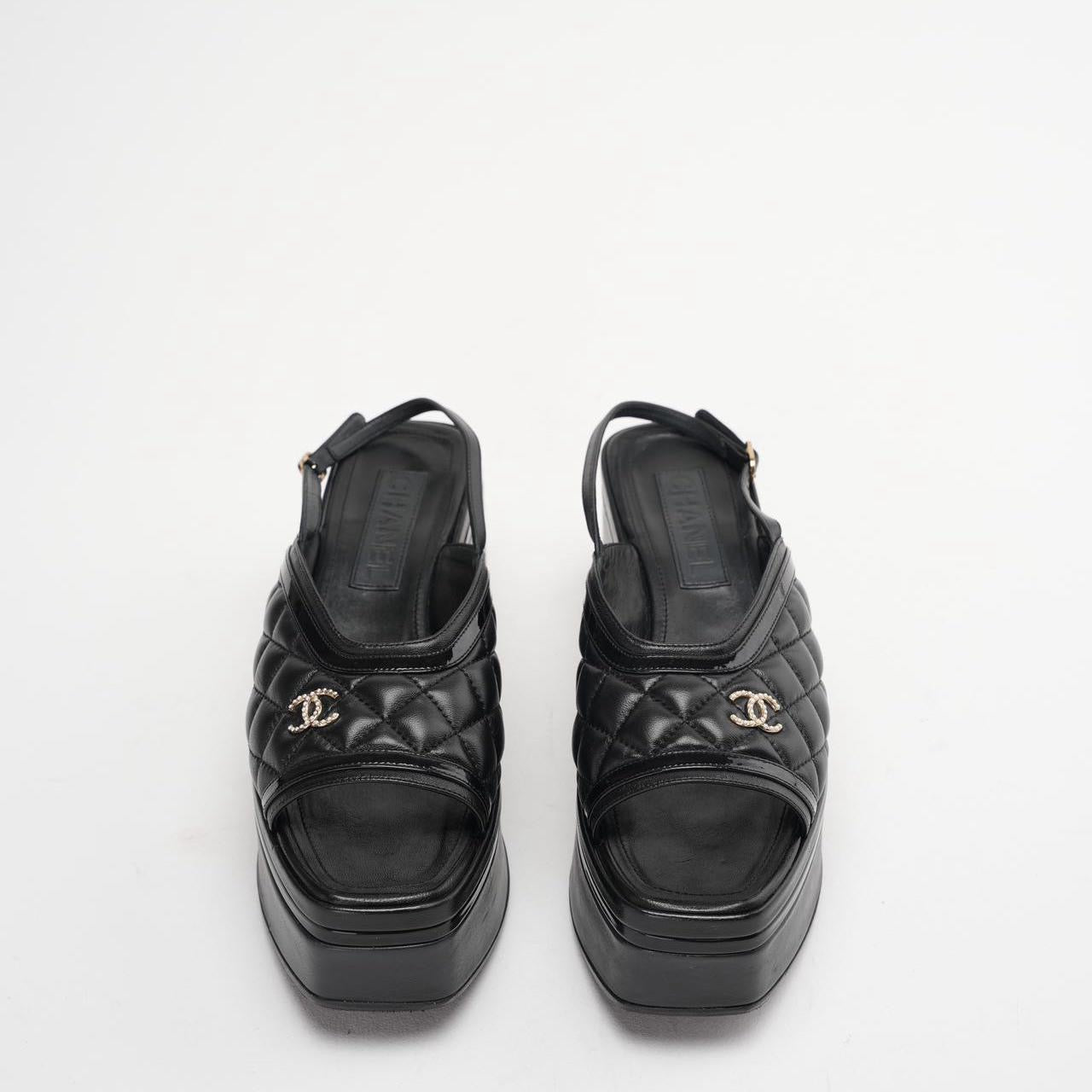 Chanel Black Slingback Quilted Leather Sandals Size 39
