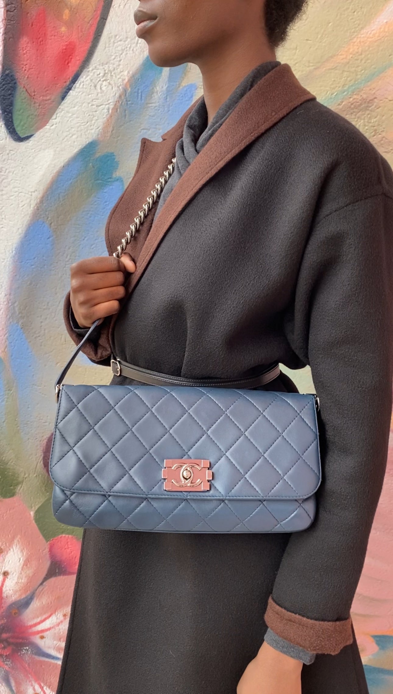 Chanel Navy Blue Quilted Leather Boy Clasp Flap Messenger Bag