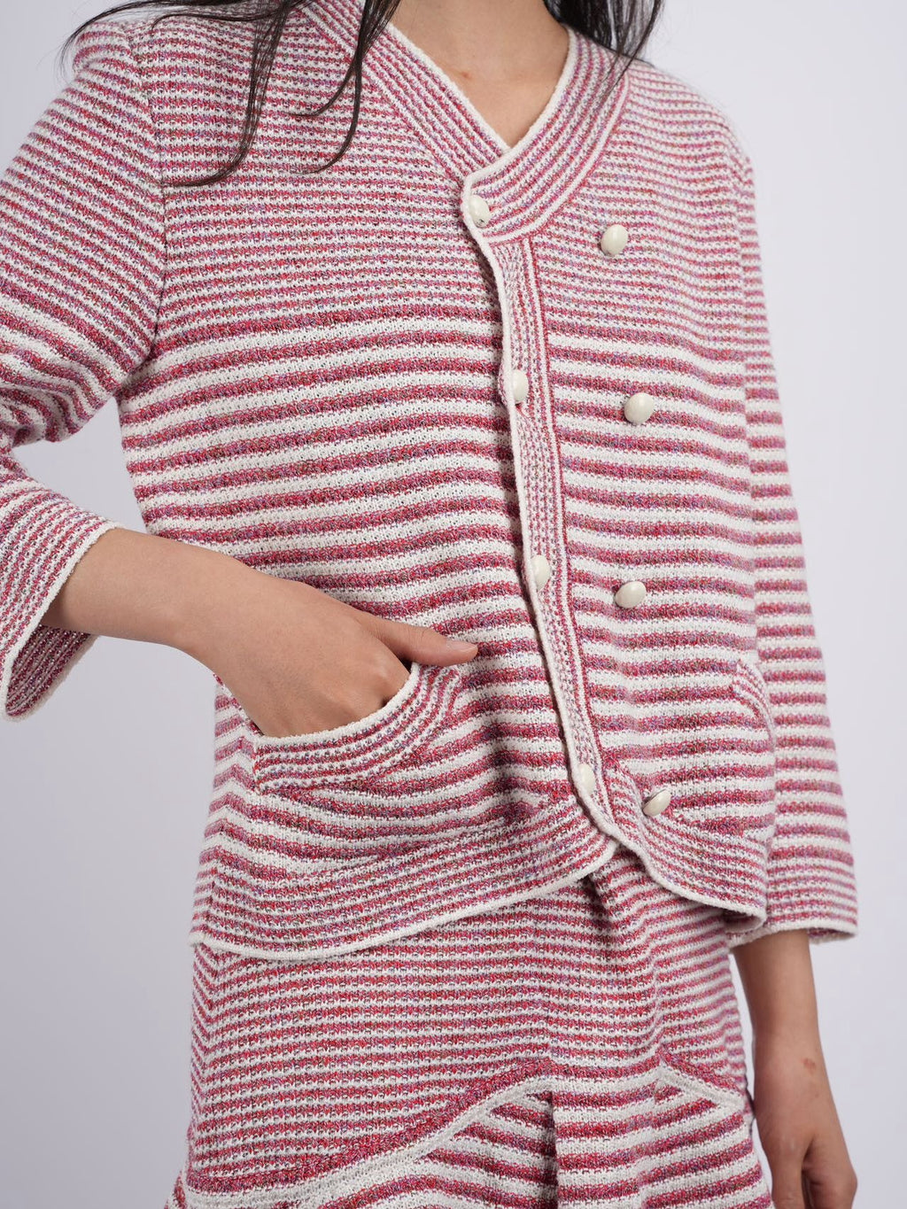 Chanel Pink White Striped Knit Jacket and Mini Skirt Suit
