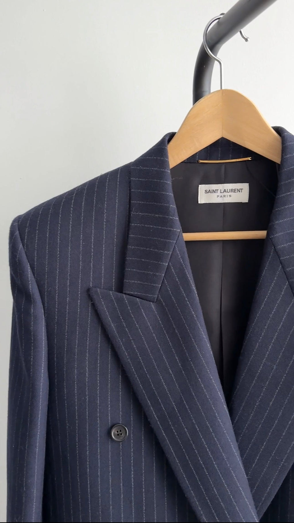 Saint Laurent AW2023 Navy Pinstripe Shoulder Pad Blazer - L / 10