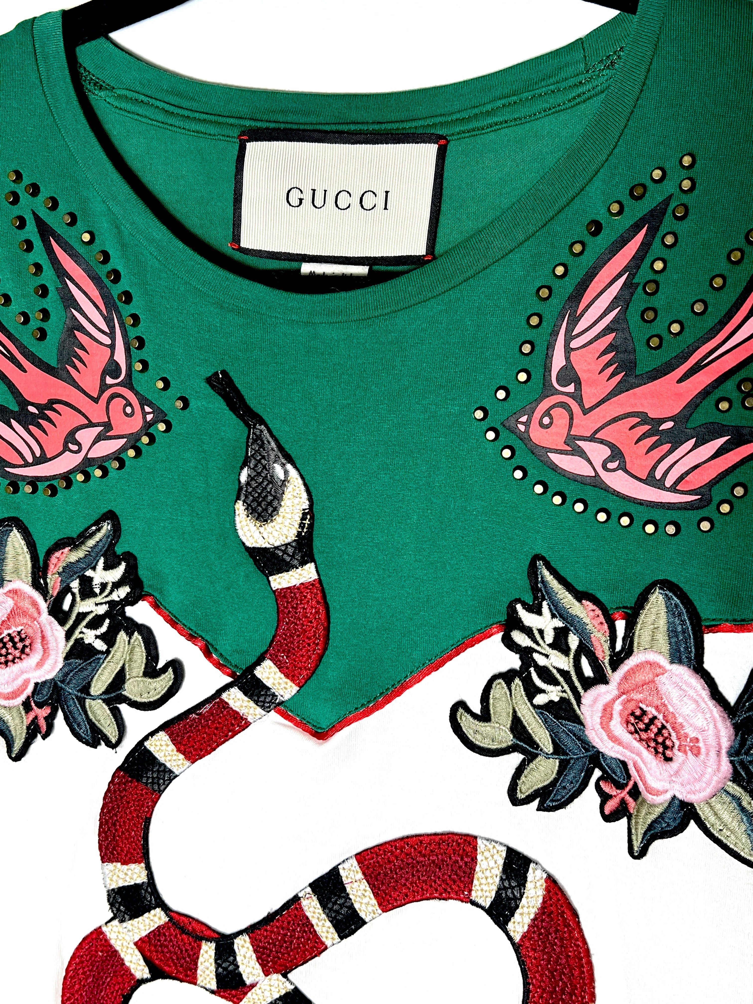 GUCCI GREEN GRAPHIC PRINT KING SNAKE EMBROIDERED T-SHIRT