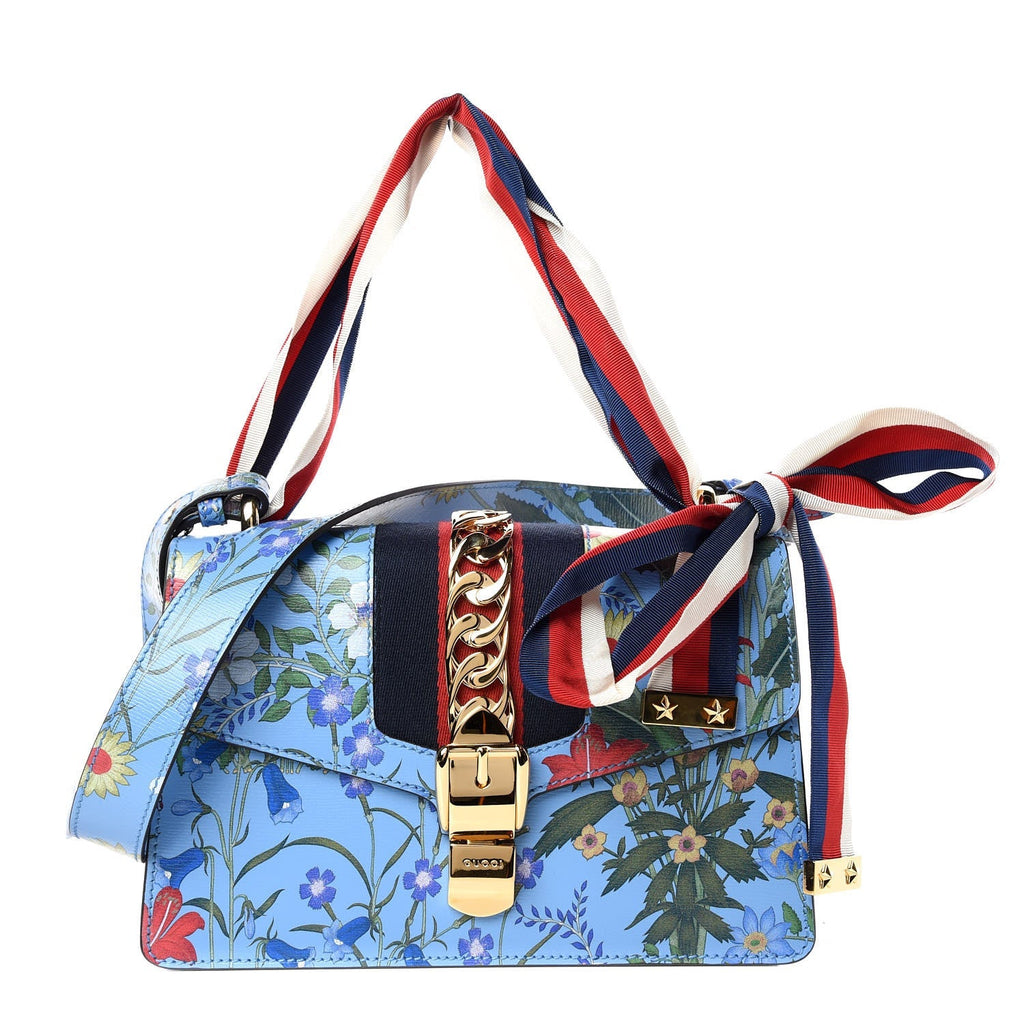 GUCCI SYLVIE BLUE AZURE FLORA CALFSKIN LEATHER SHOULDER BAG