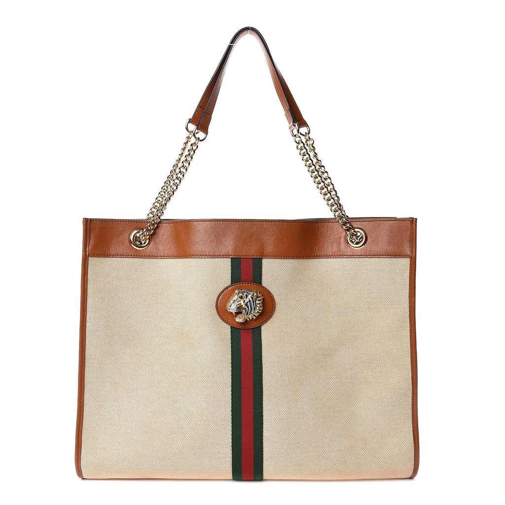 GUCCI LARGE RAJHA WEB TIGER CANVAS LEATHER TOTE BAG