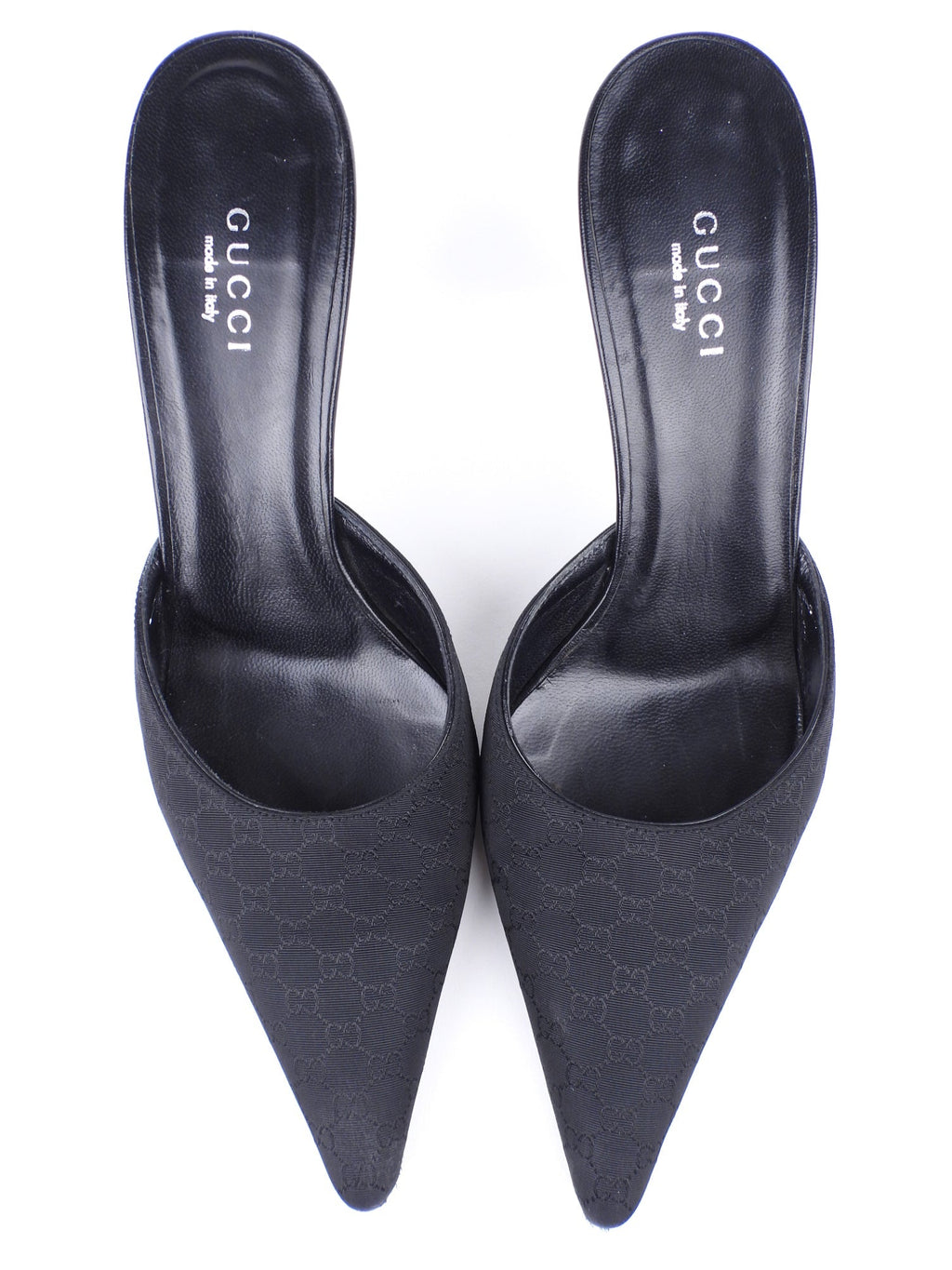 Gucci Black GG Monogram Canvas and Leather Stiletto Heel Mules - 36