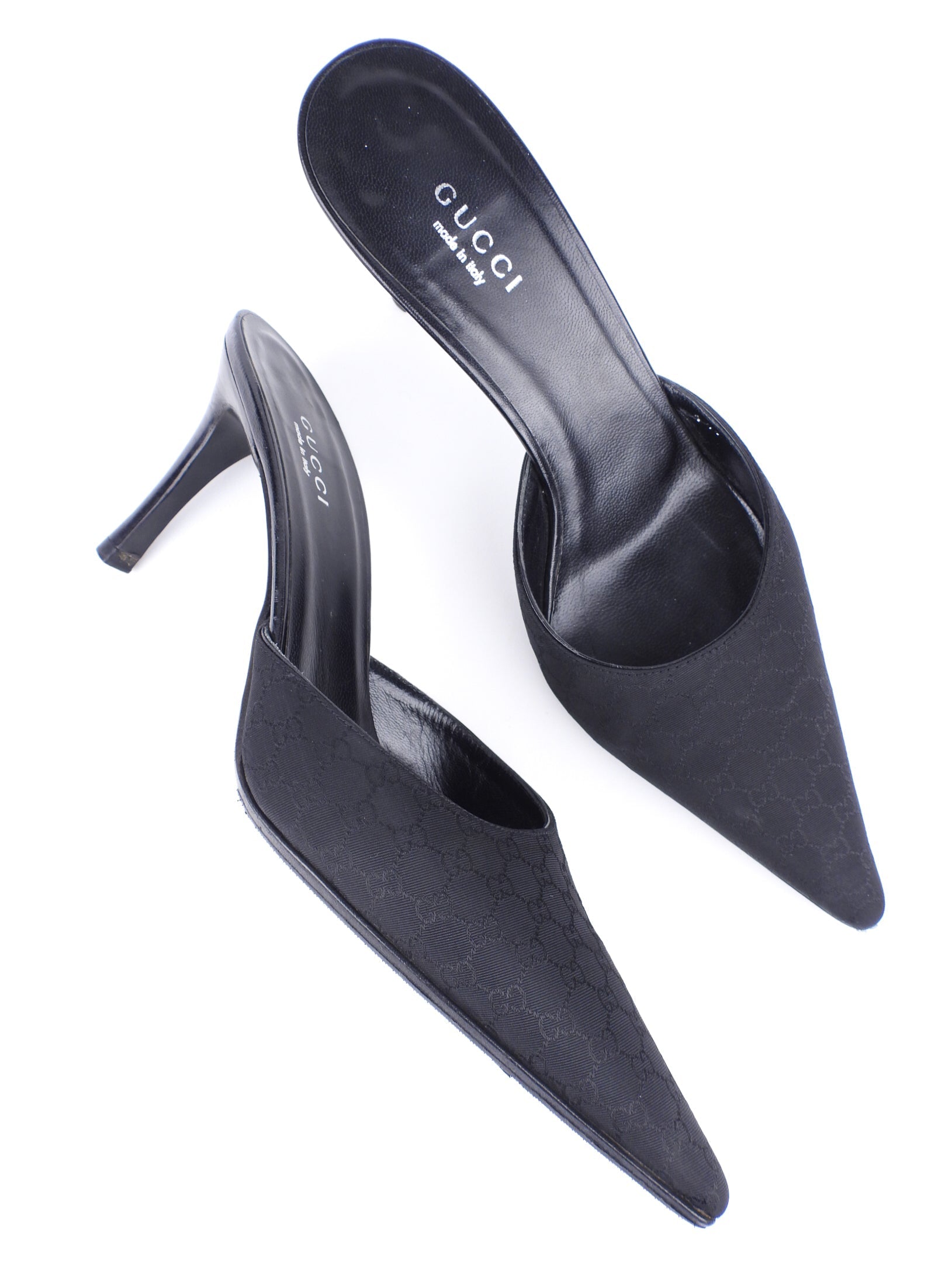 Gucci Black GG Monogram Canvas and Leather Stiletto Heel Mules - 36