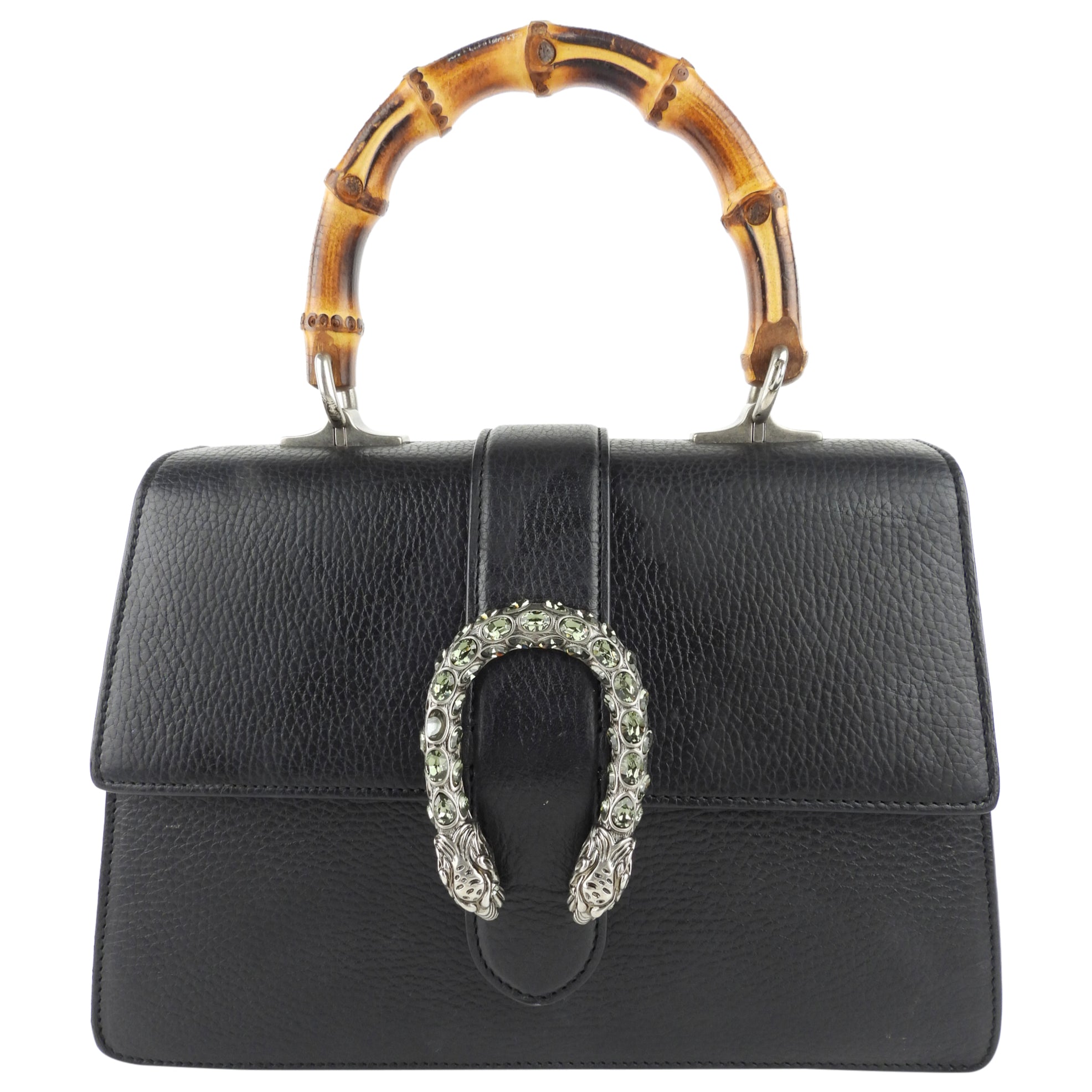 Gucci Black Grained Leather Crystal Dionysus Bamboo Top Handle Two Way Bag