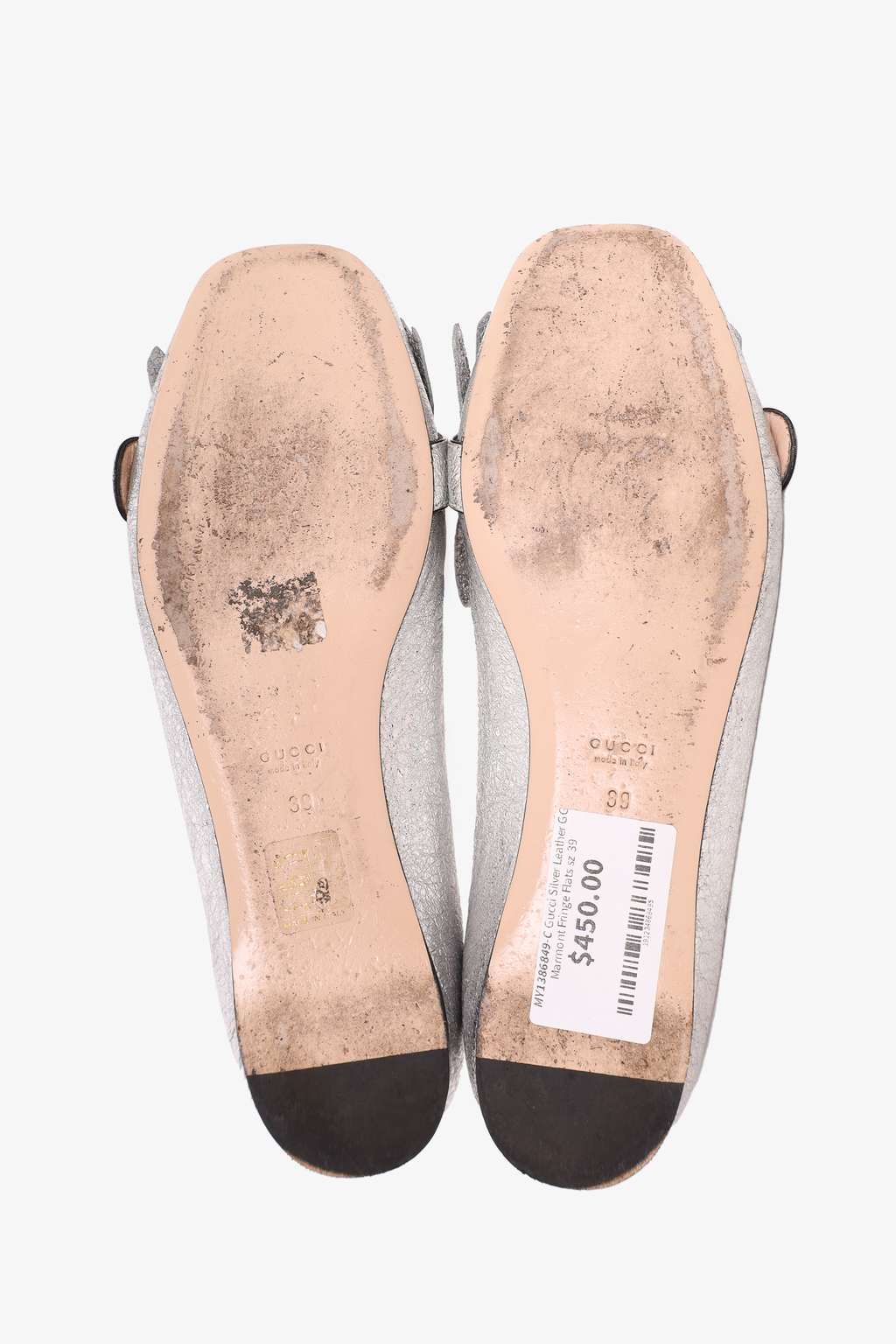 Gucci Silver Leather GG Marmont Fringe Flats Size 39