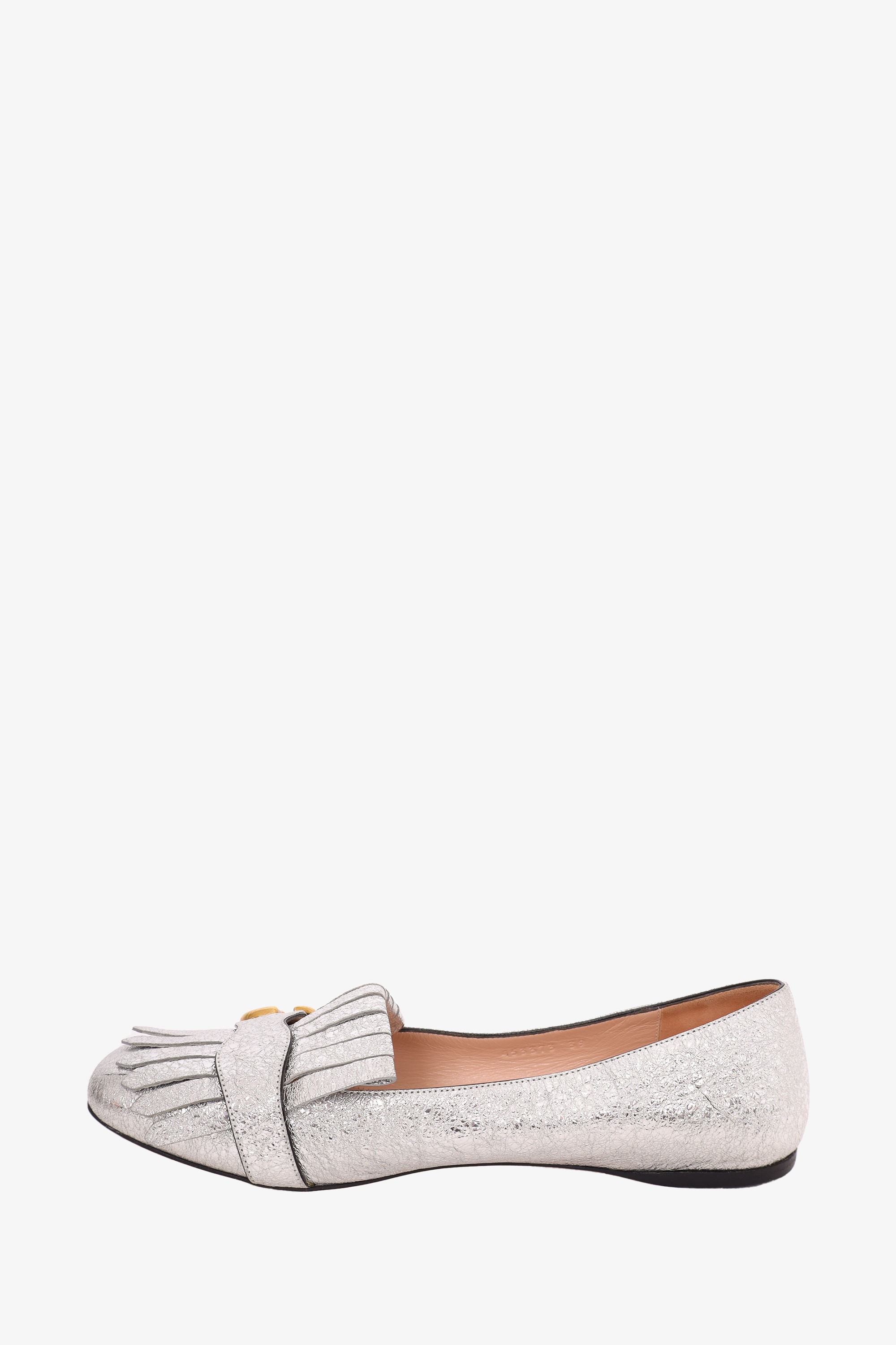 Gucci Silver Leather GG Marmont Fringe Flats Size 39