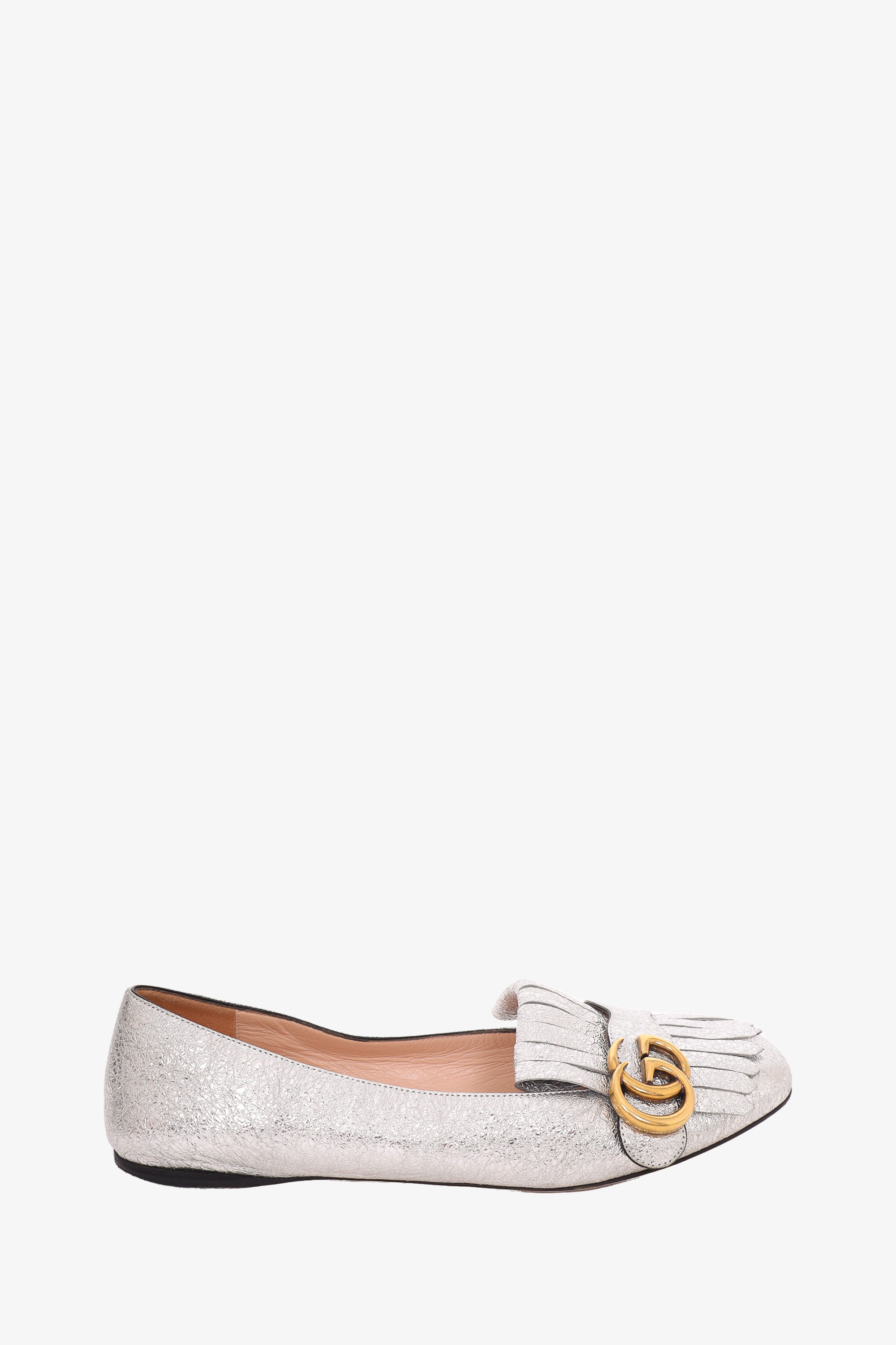 Gucci Silver Leather GG Marmont Fringe Flats Size 39