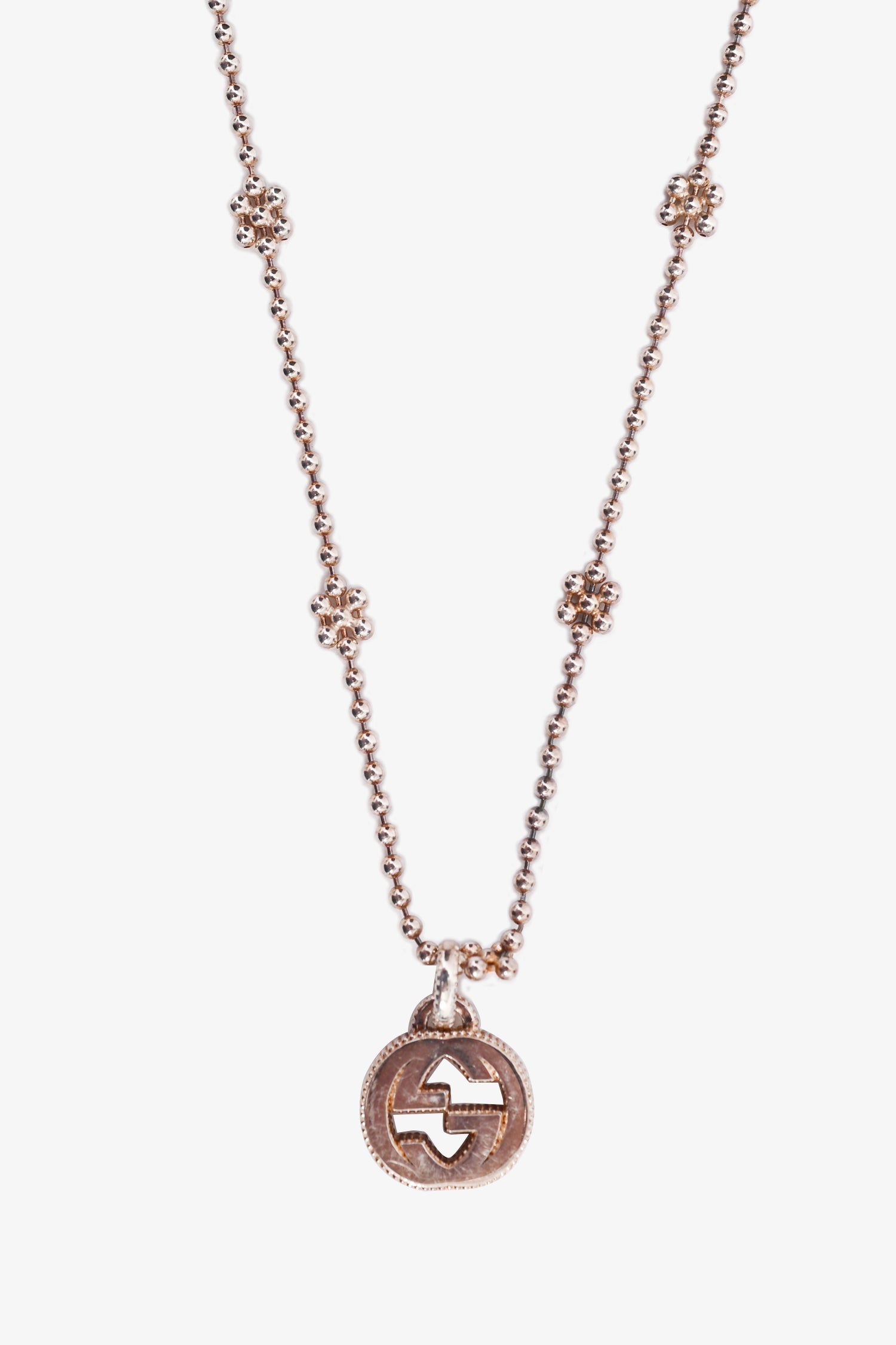 Gucci Sterling Silver Beaded GG Pendant Necklace