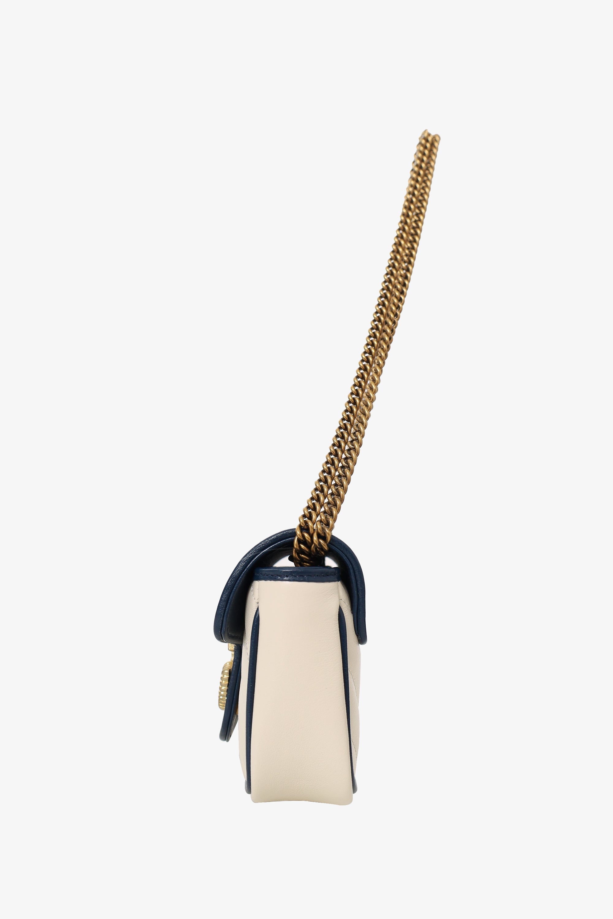 Gucci White/Navy Calfskin Matelasse Super Mini GG Marmont Shoulder Bag