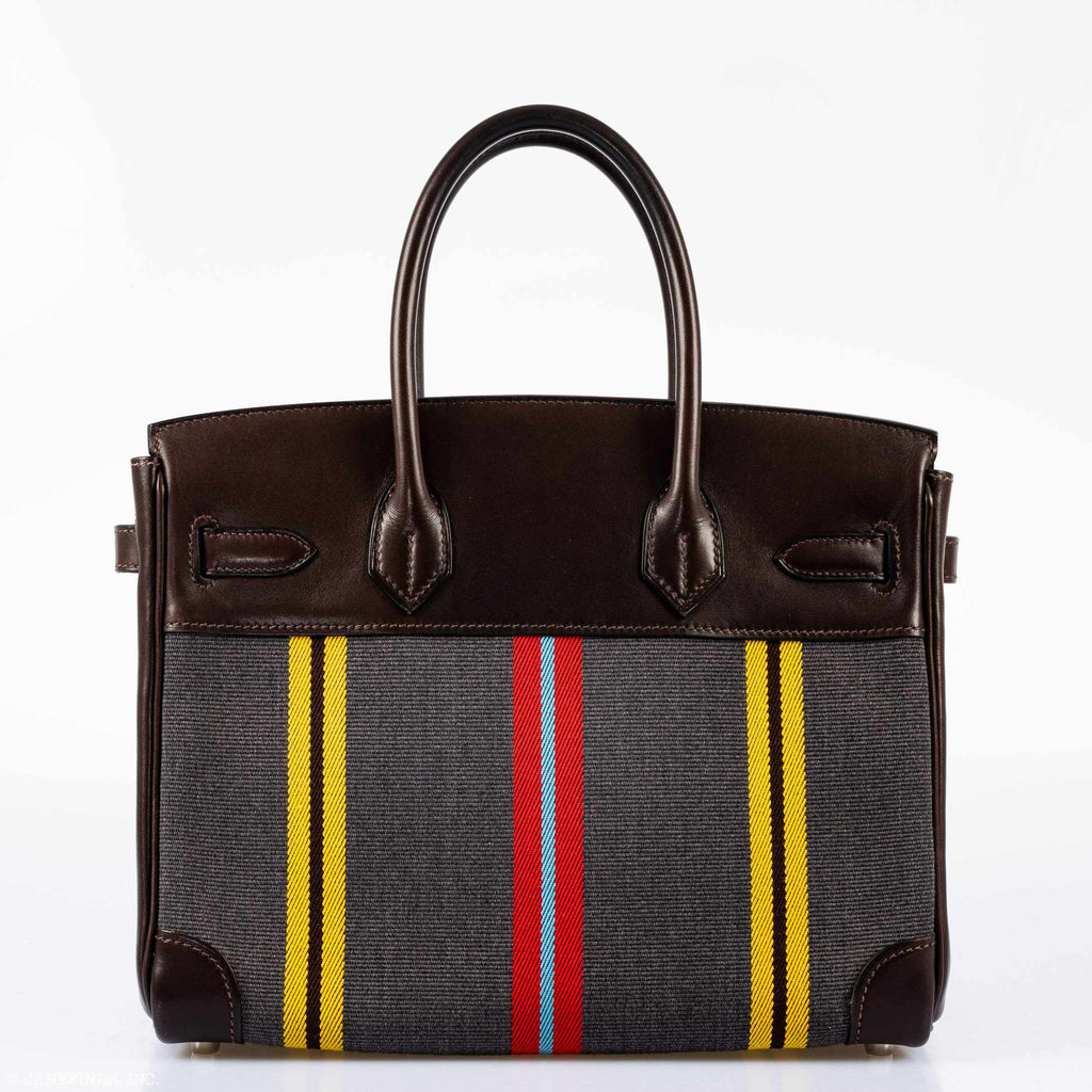 Hermès Birkin 30 Marron Fonce Calf & Colorful Wool Jumping Canvas Palladium Hardware