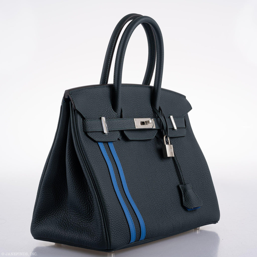 Hermès Birkin 30 Officier Vert Cyprès Togo & Bleu Zellige Stripe & Lining Palladium Hardware