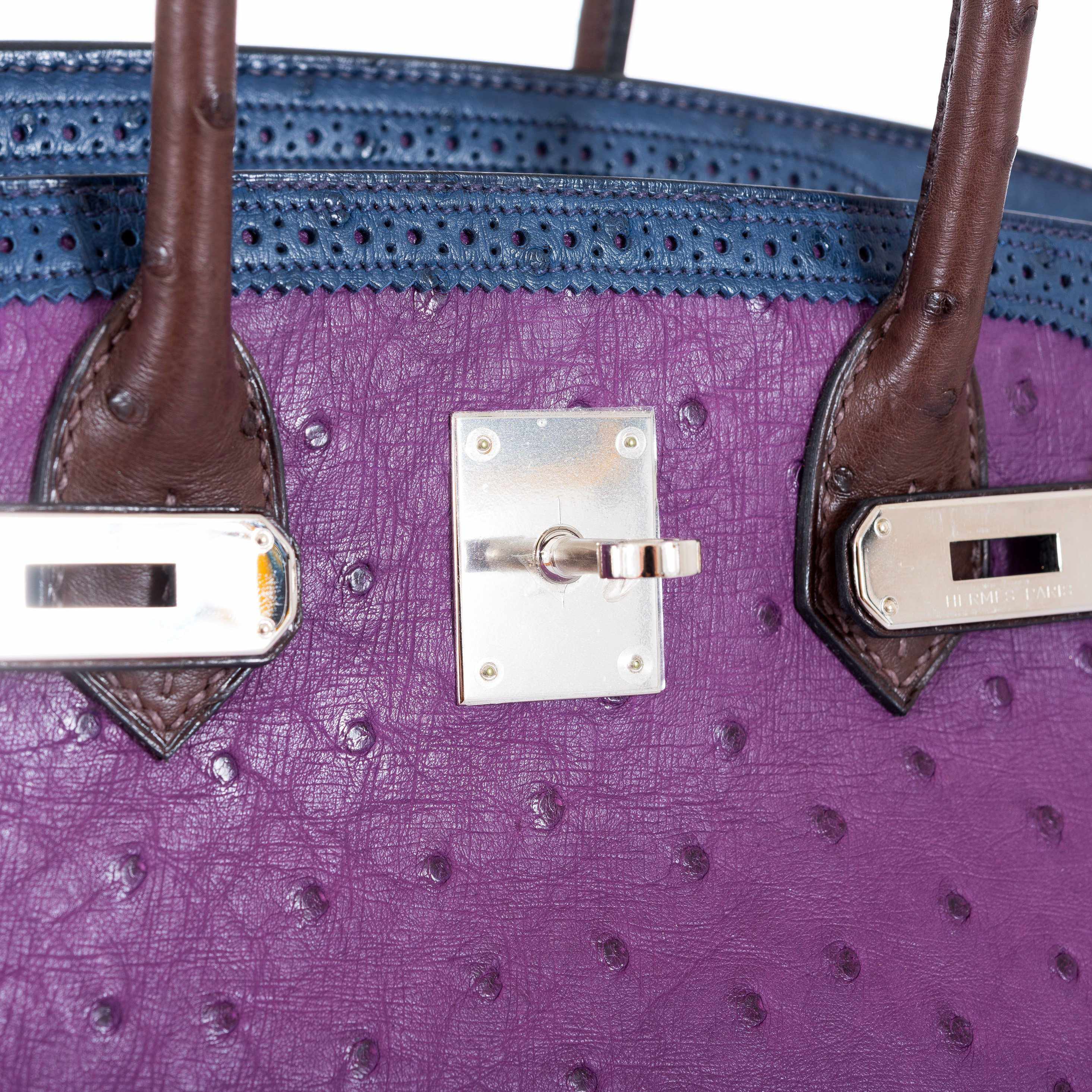Hermès Birkin 30 Tri Color Ostrich Violine Blue De Malt And Marron Palladium Hardware