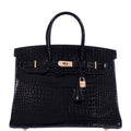 Hermès Birkin 35 Black Shiny Porosus Crocodile 18K Yellow Gold and Diamond Hardware