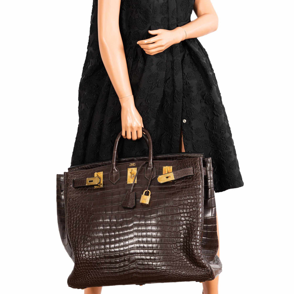 Hermès Birkin 50 HAC Ebene Porosus Crocodile Bronze Hardware