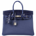 Hermès Birkin Touch 25 Blue Encre Togo & Niloticus Crocodile Palladium Hardware