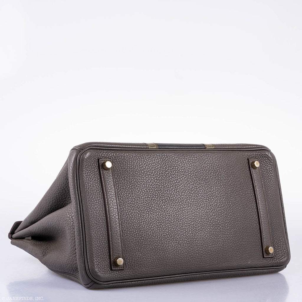 Hermès Club Birkin 35 Tri-Color Etain & Graphite Clemence, Gris Fonce Lizard Permabrass Hardware