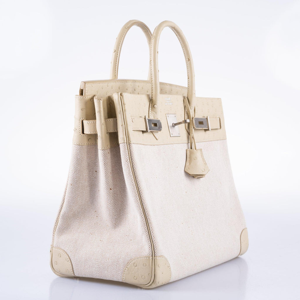 Hermès HAC Birkin 32 Parchemin Ostrich and Toile Brushed Palladium Hardware