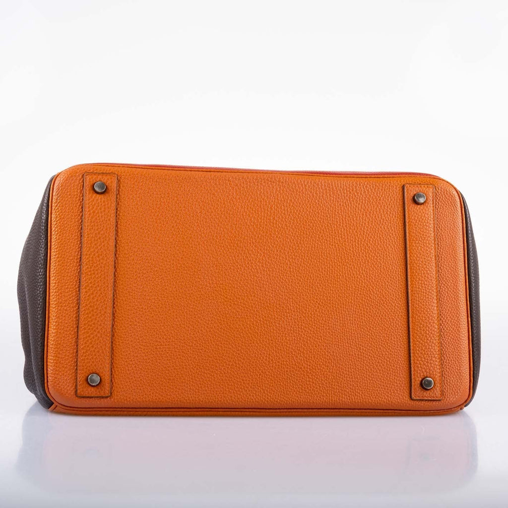 Hermès HAC Birkin 40 Tri-Color Rouge Garance, Chocolat & Terre Battue Fjord Leather Ruthenium Hardware - 2006, J Square