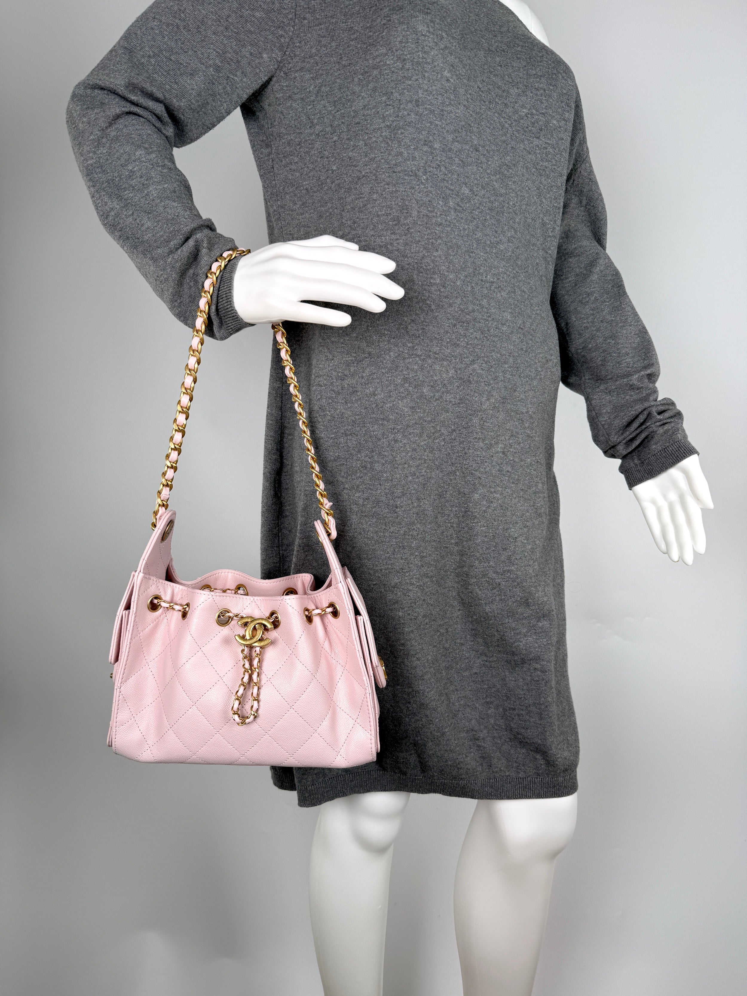 New CHANEL 25 Mini Pink Quilted Caviar Leather Shoulder Bag