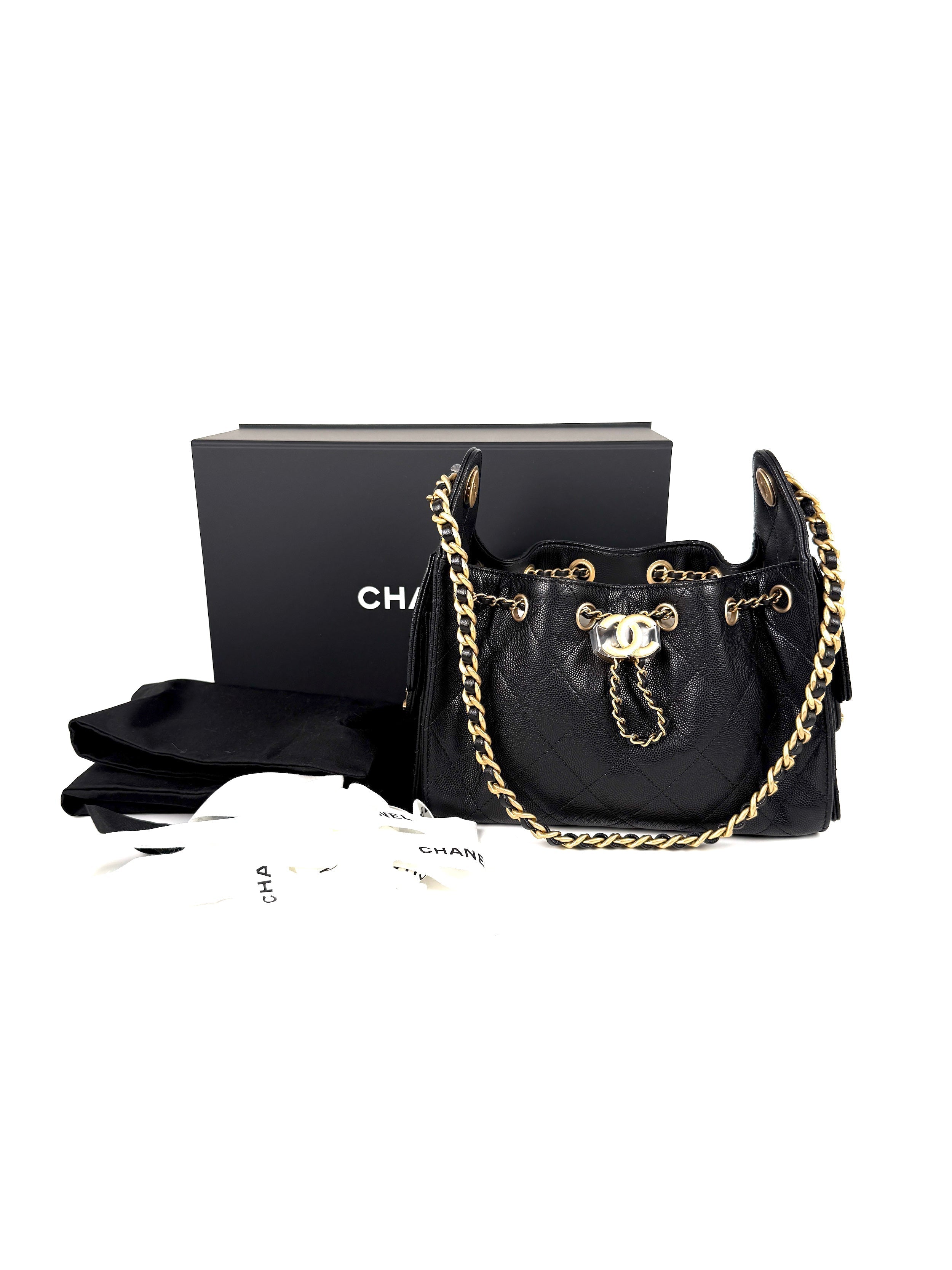New CHANEL 25 Mini Black Quilted Caviar Leather Shoulder Bag