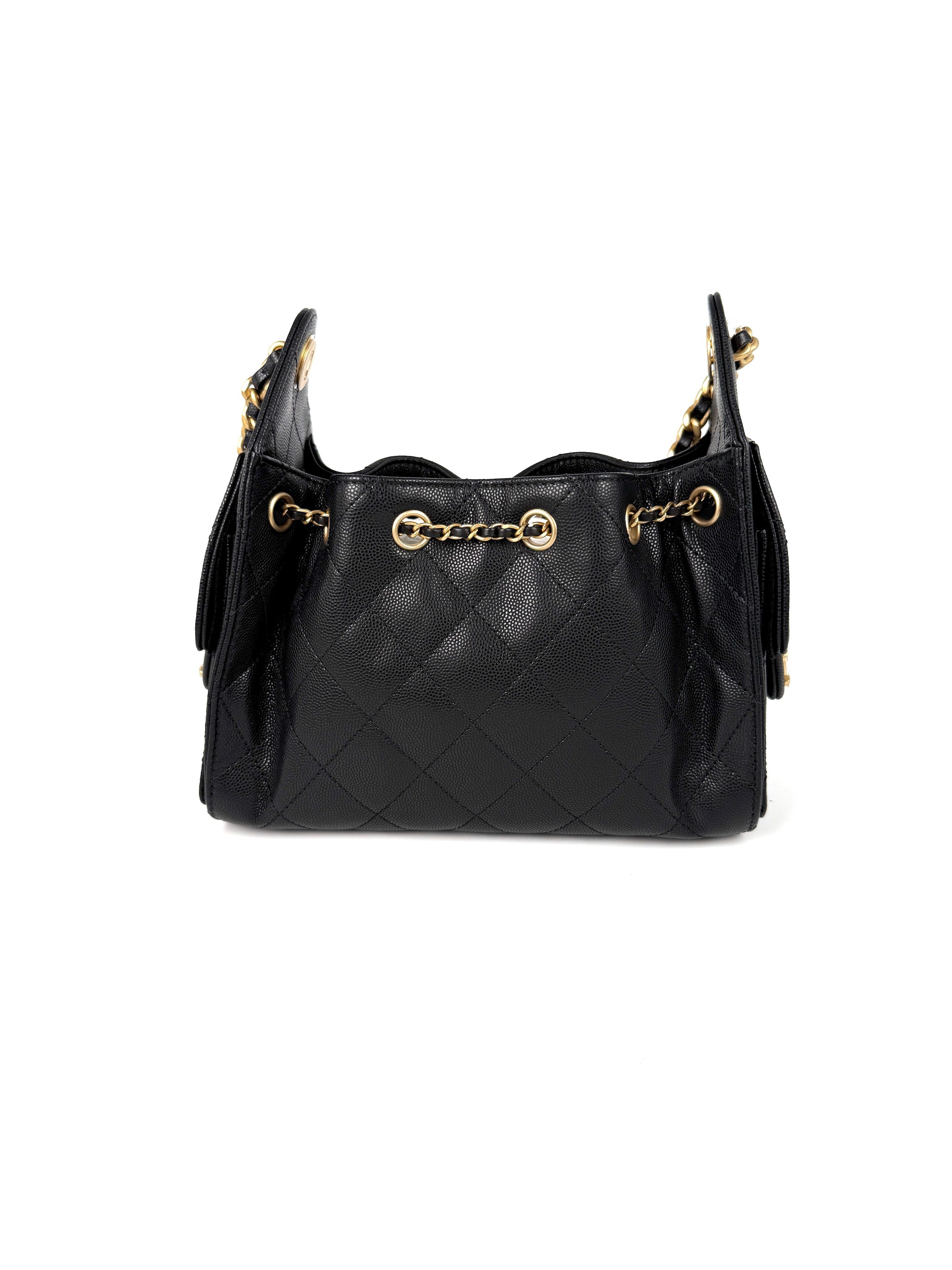 New CHANEL 25 Mini Black Quilted Caviar Leather Shoulder Bag