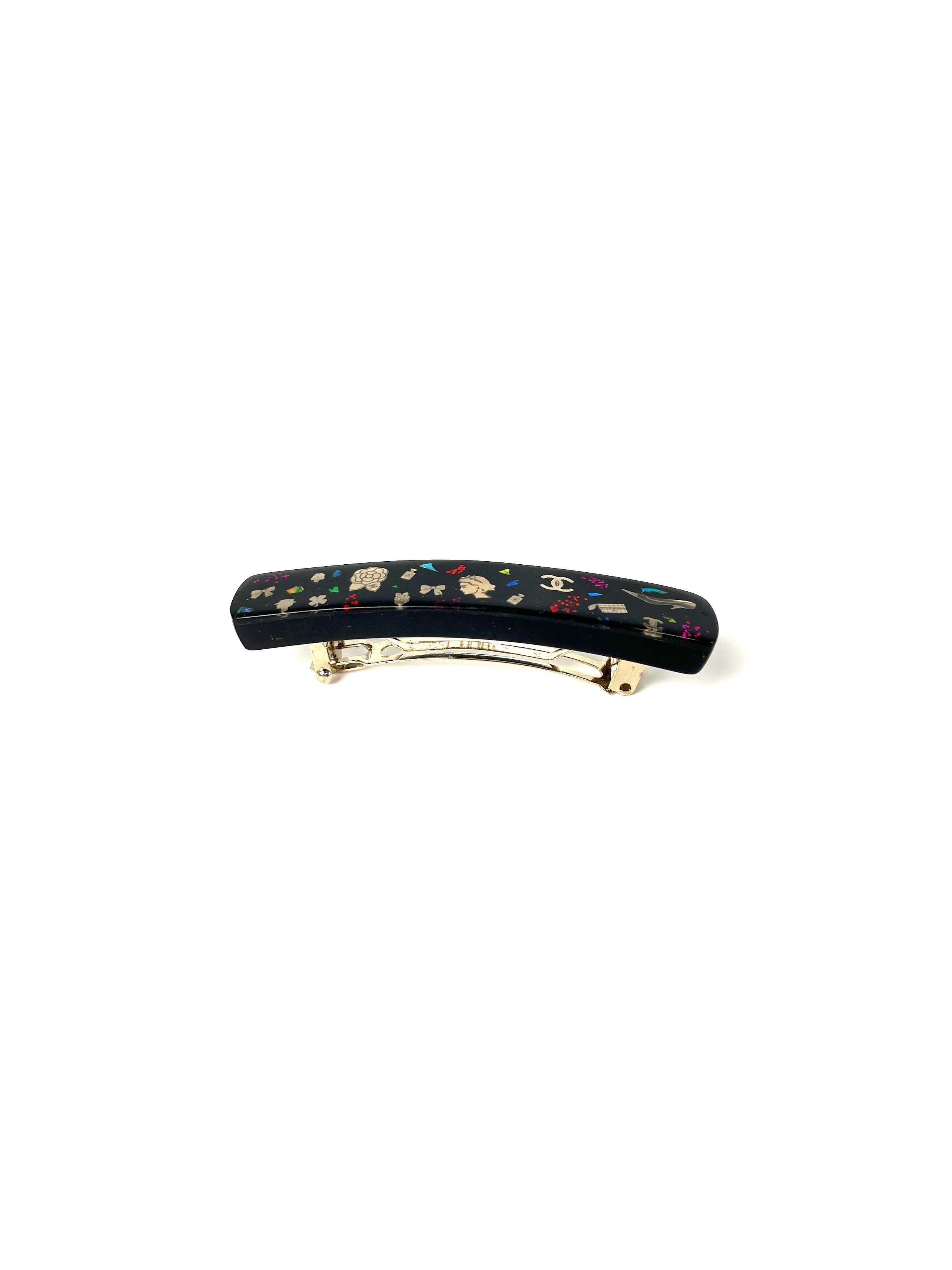 CHANEL Black Multi Logo Glitter Embellished Print Hair Clip