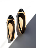 CHANEL Bicolor CC Logo Beige Black Ruffle Ballerina Leather Flats 37.5 7