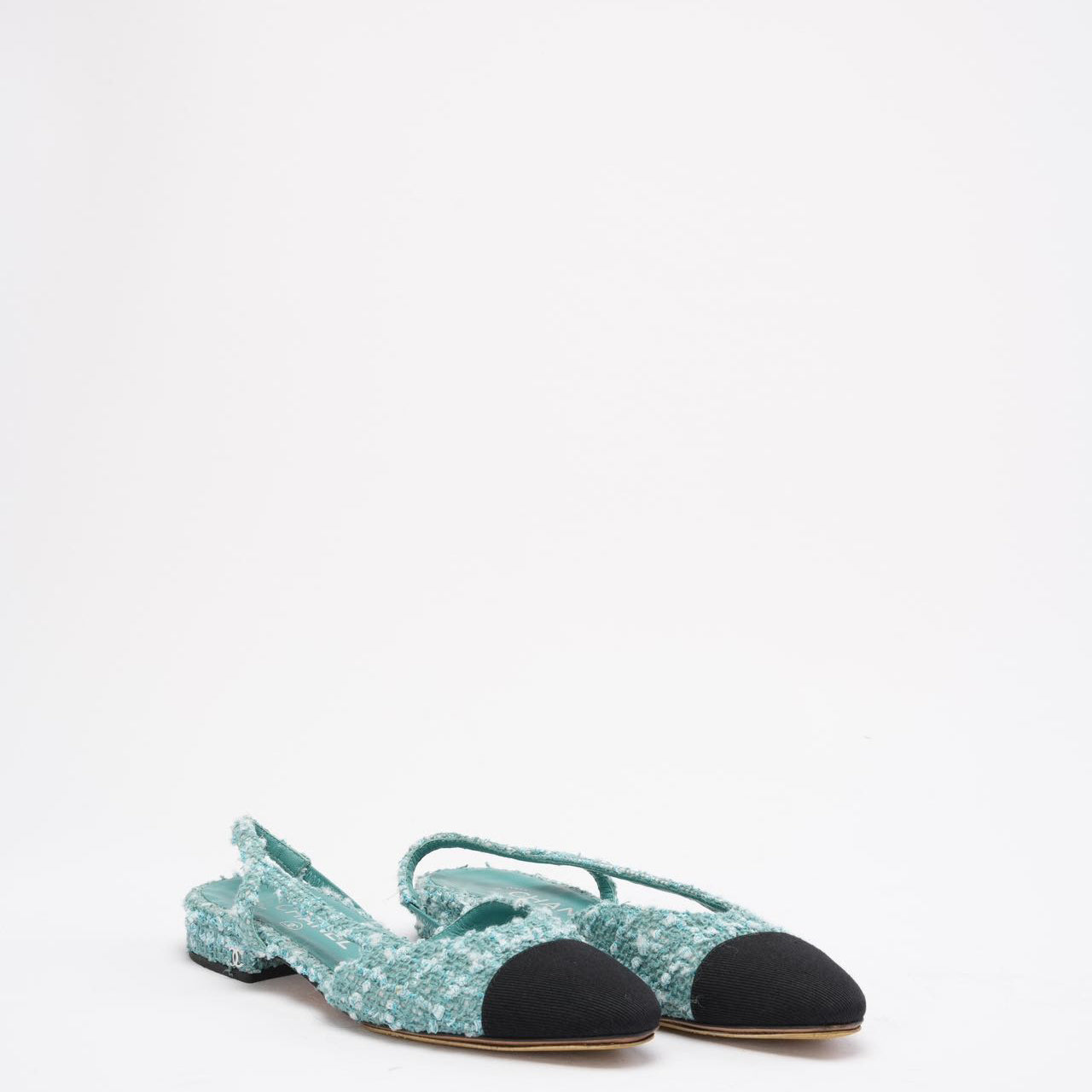 Chanel Turquoise/ Green Color Tweed Cap Toe CC Slingback 36.5C