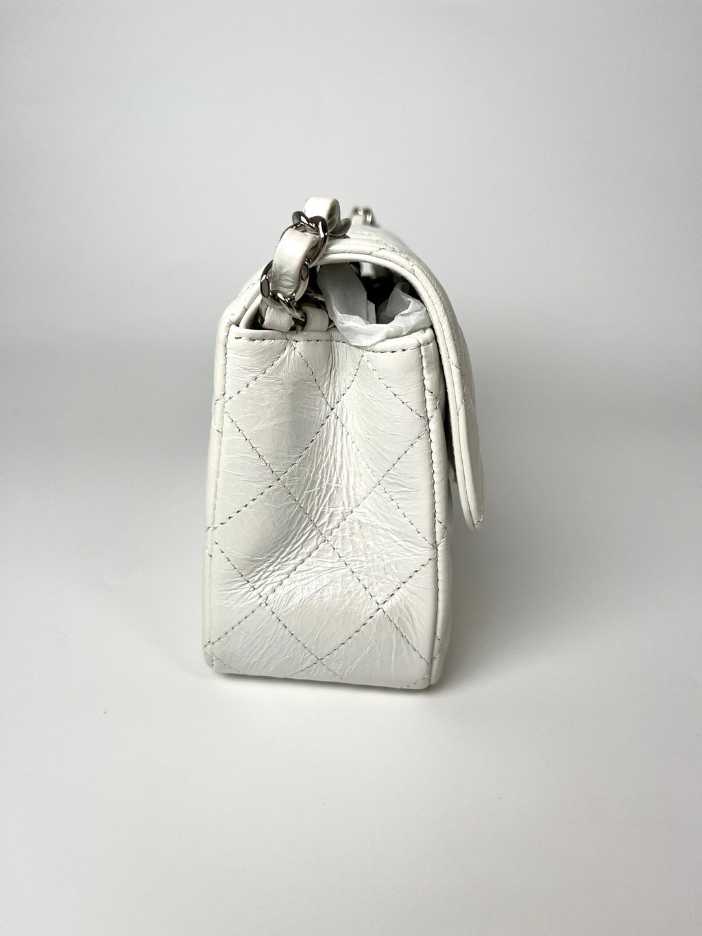 CHANEL White 2021 Rectangular Mini Crumpled Calfskin Classic Flap Bag