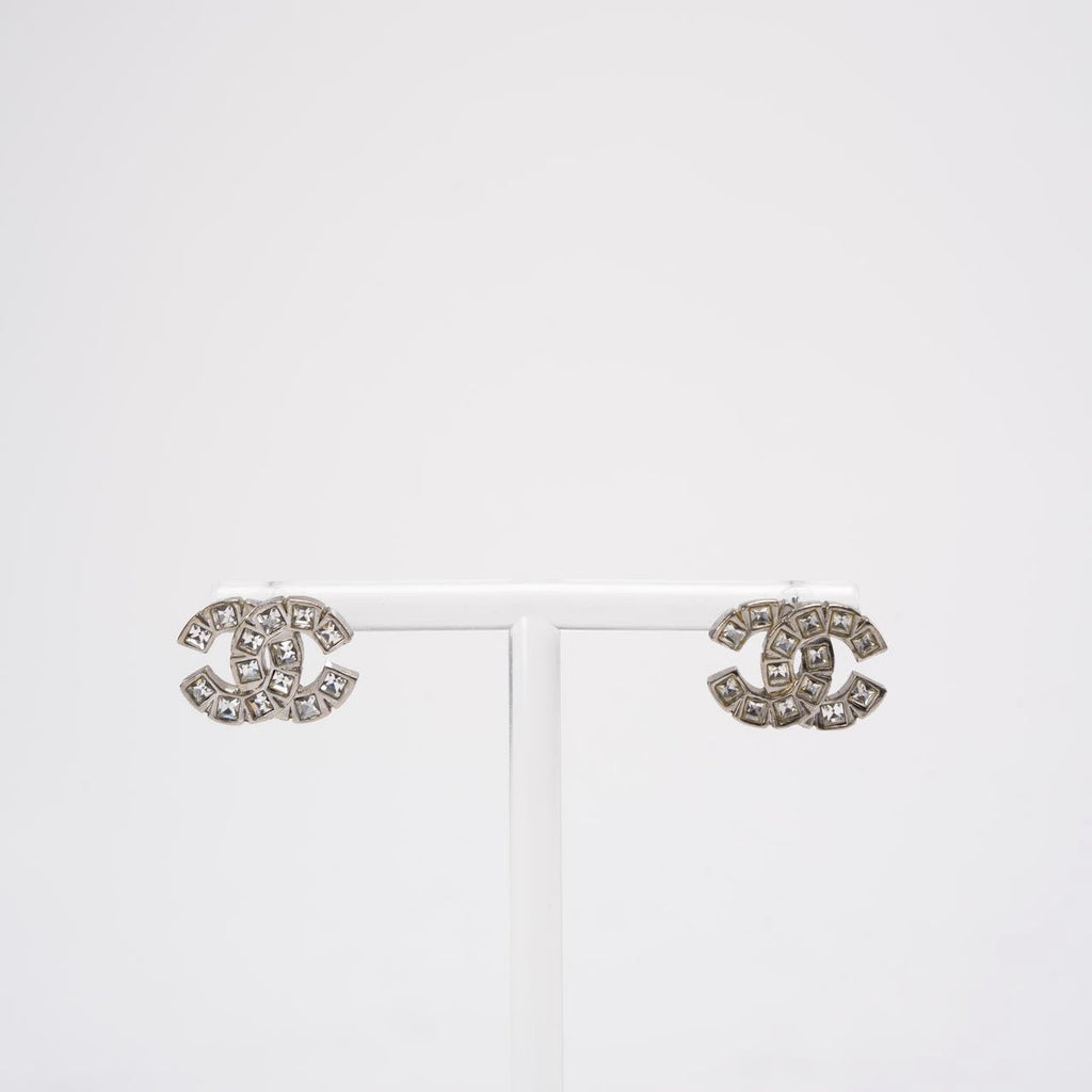 Chanel Rhinestone Coco Mark Sliver Metal Earrings