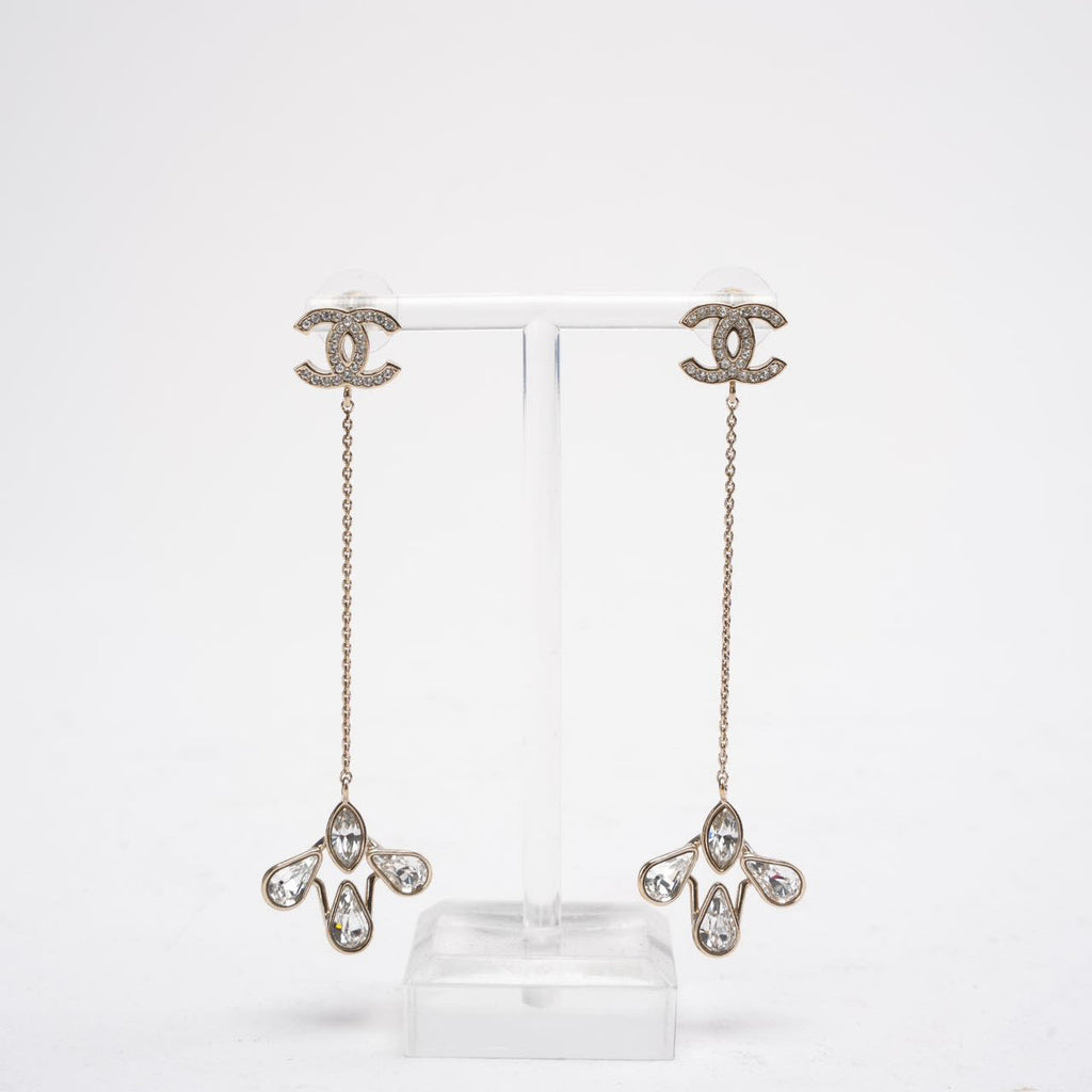 Chanel Gold CC Crystal Chain Drop Chain Dangle Earrings