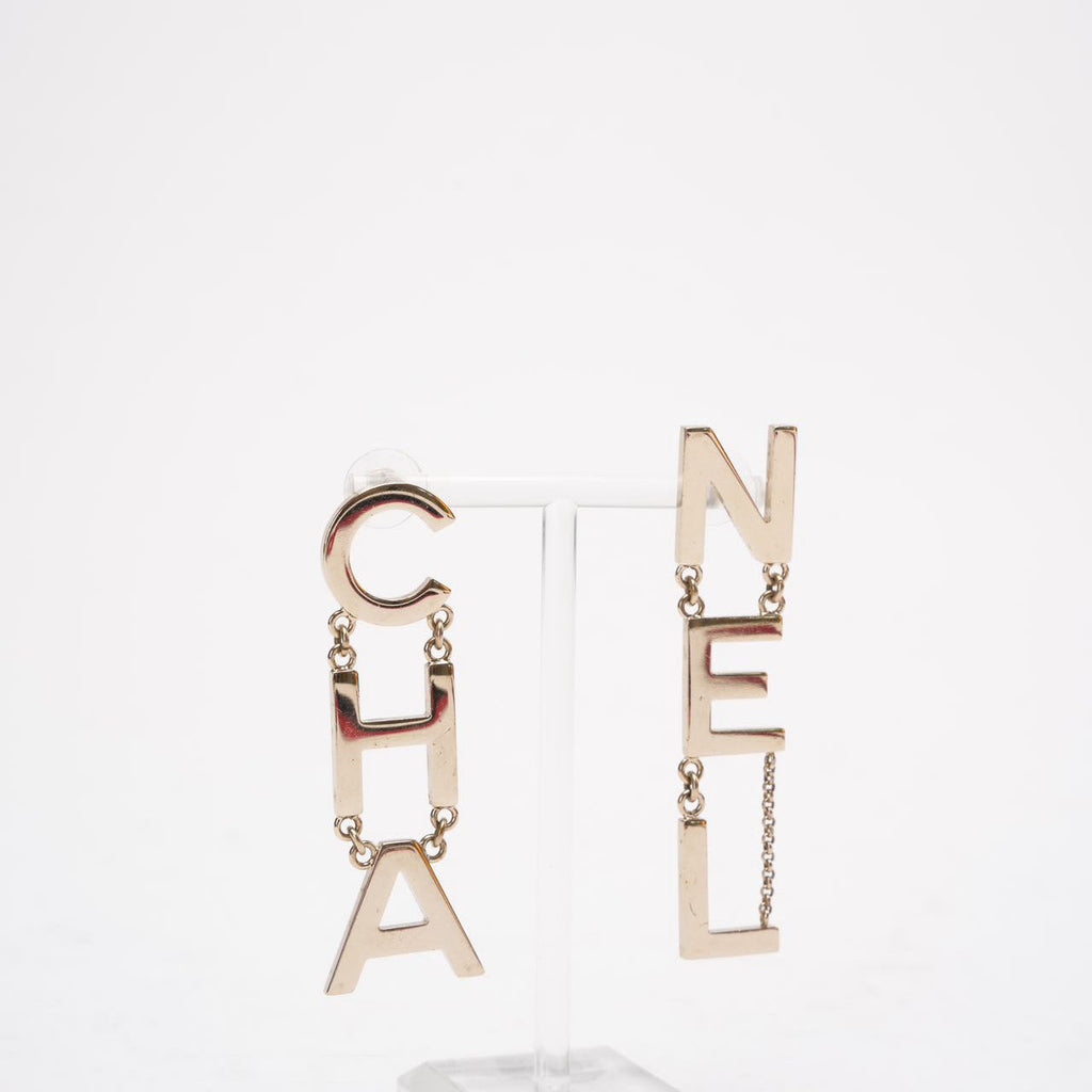 Chanel Gold Metal 'CHA' 'NEL' Logo Letter Drop Earrings