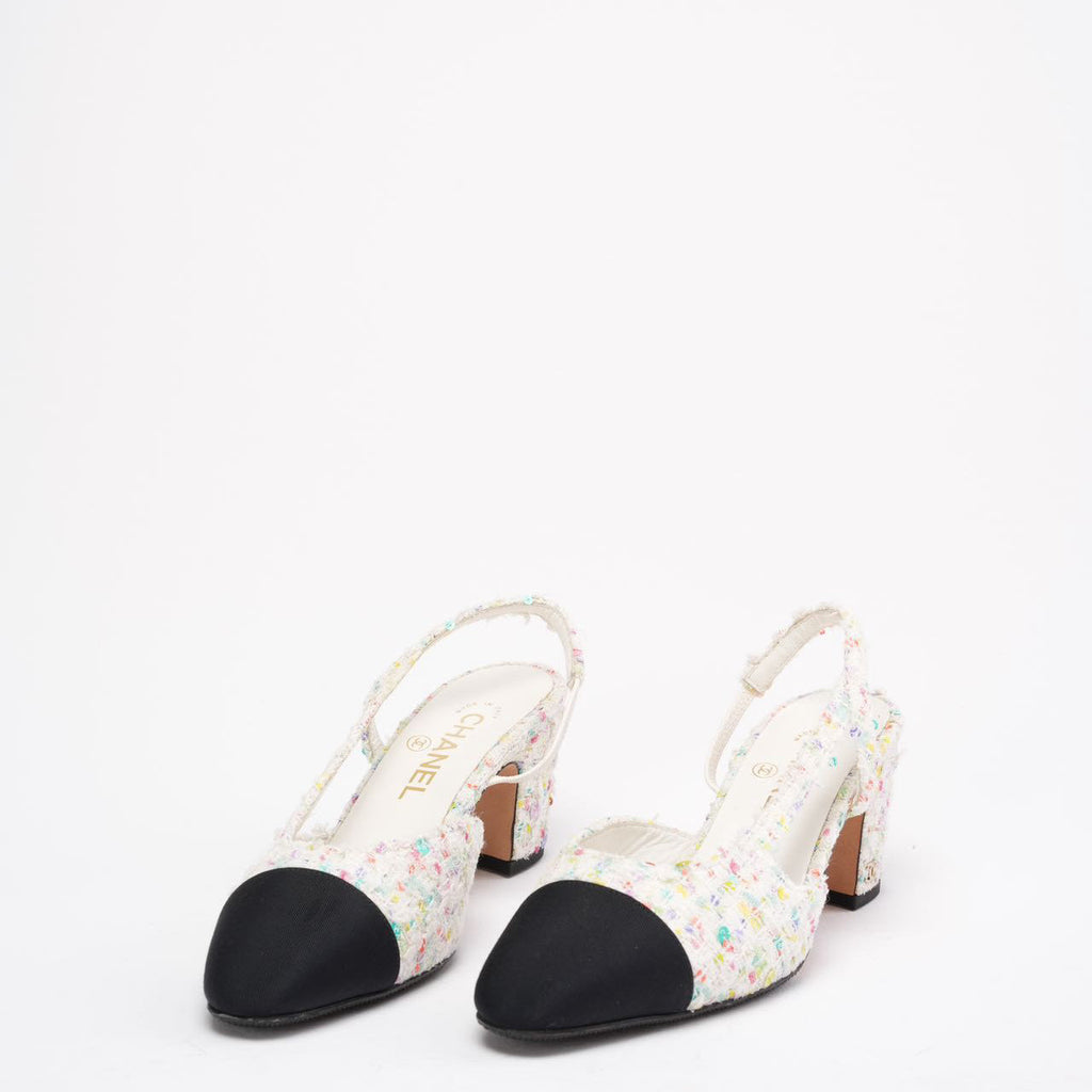 Chanel Multicolor Tweed CC Logo Slingback Pumps Size 38 ½