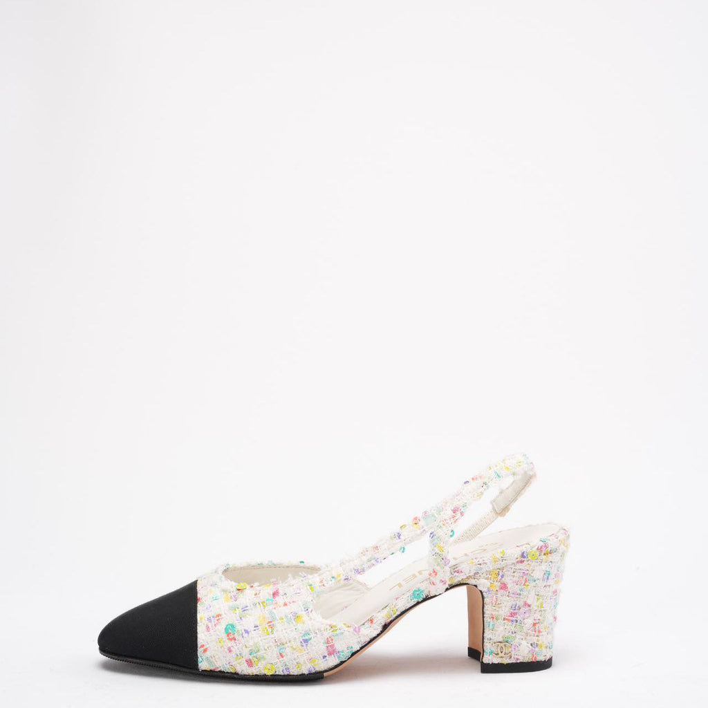 Chanel Multicolor Tweed CC Logo Slingback Pumps Size 38 ½