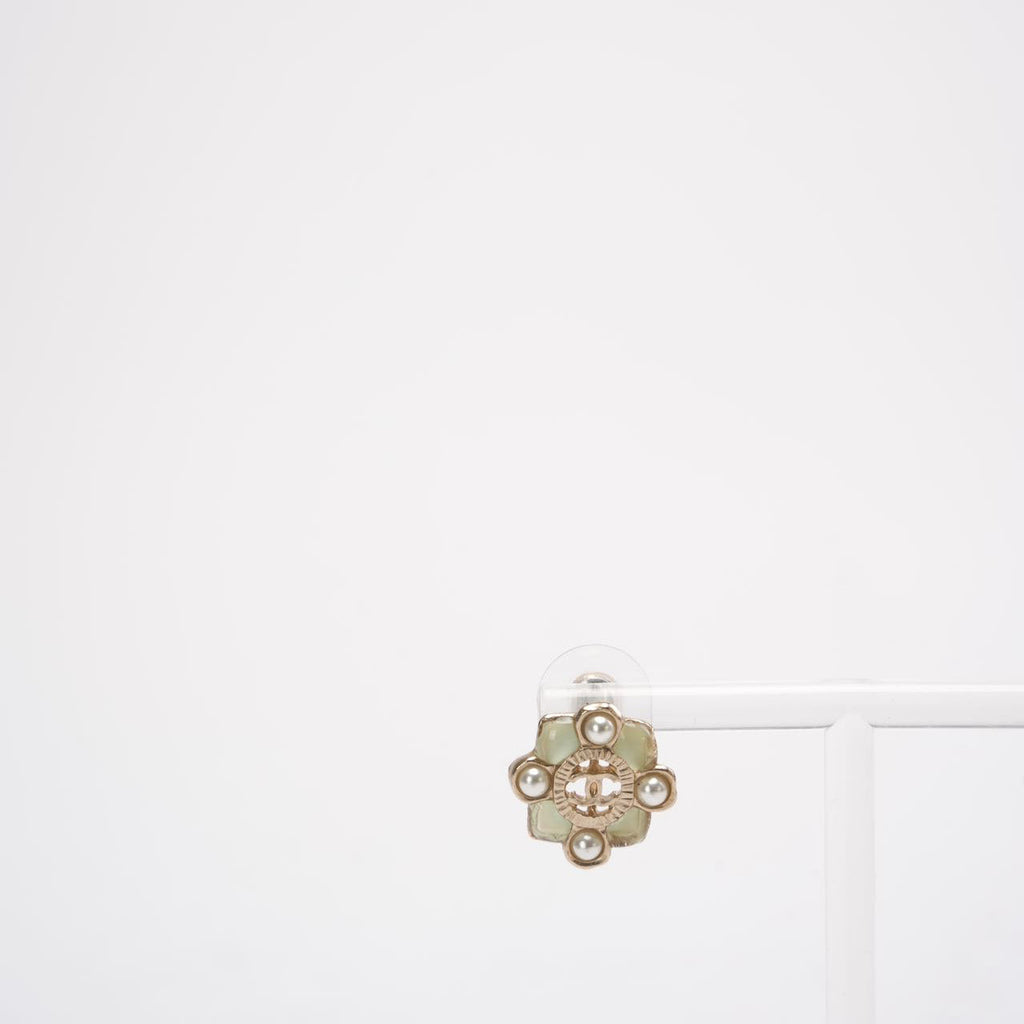 Chanel Gold CC Resin and Faux Pearl Push Back Earrings