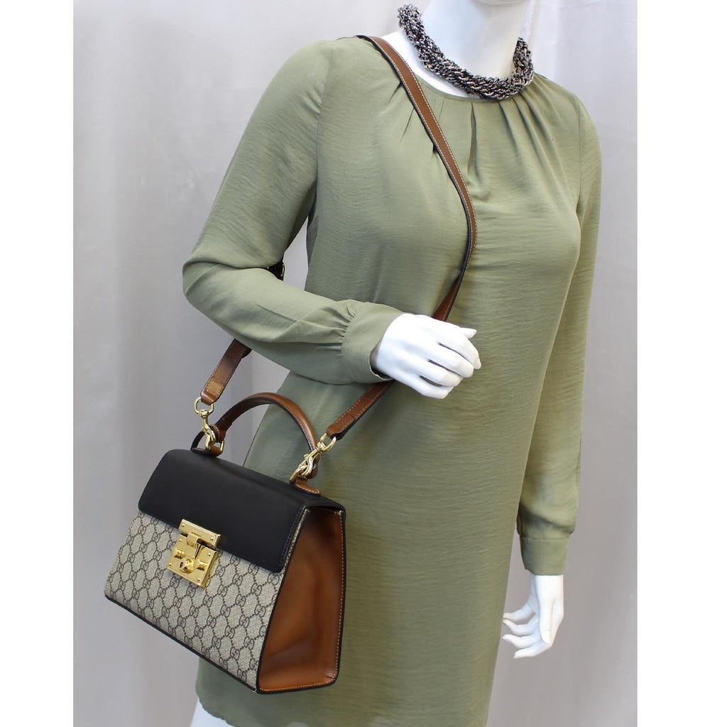 GUCCI Small Padlock GG Supreme Monogram Top Handle Crossbody Bag Beige