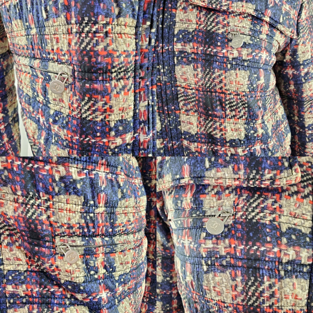 CHANEL 2014 Tweed Print Navy Beige Nylon Hooded Jacket 38