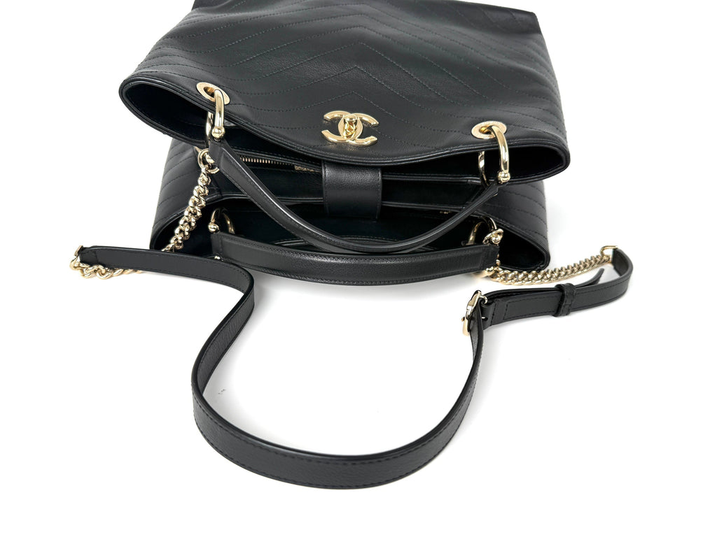 CHANEL Large Chevron Stitched Chic Shopping Black Calfskin Leather Tote Bag
