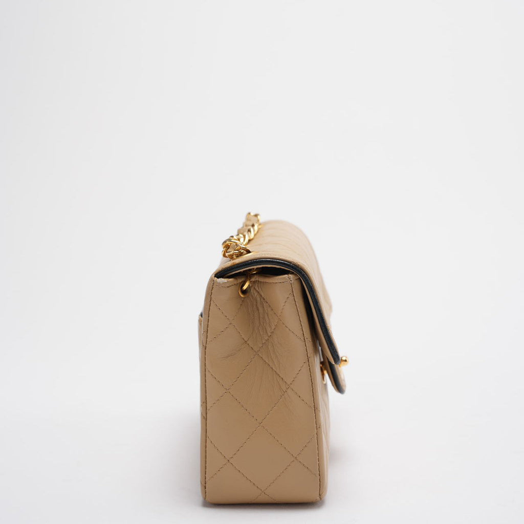 Chanel Vintage Classic/Timeless Mini Square Flap 11.12 Bag in Beige Black With 24k Gold Hardware